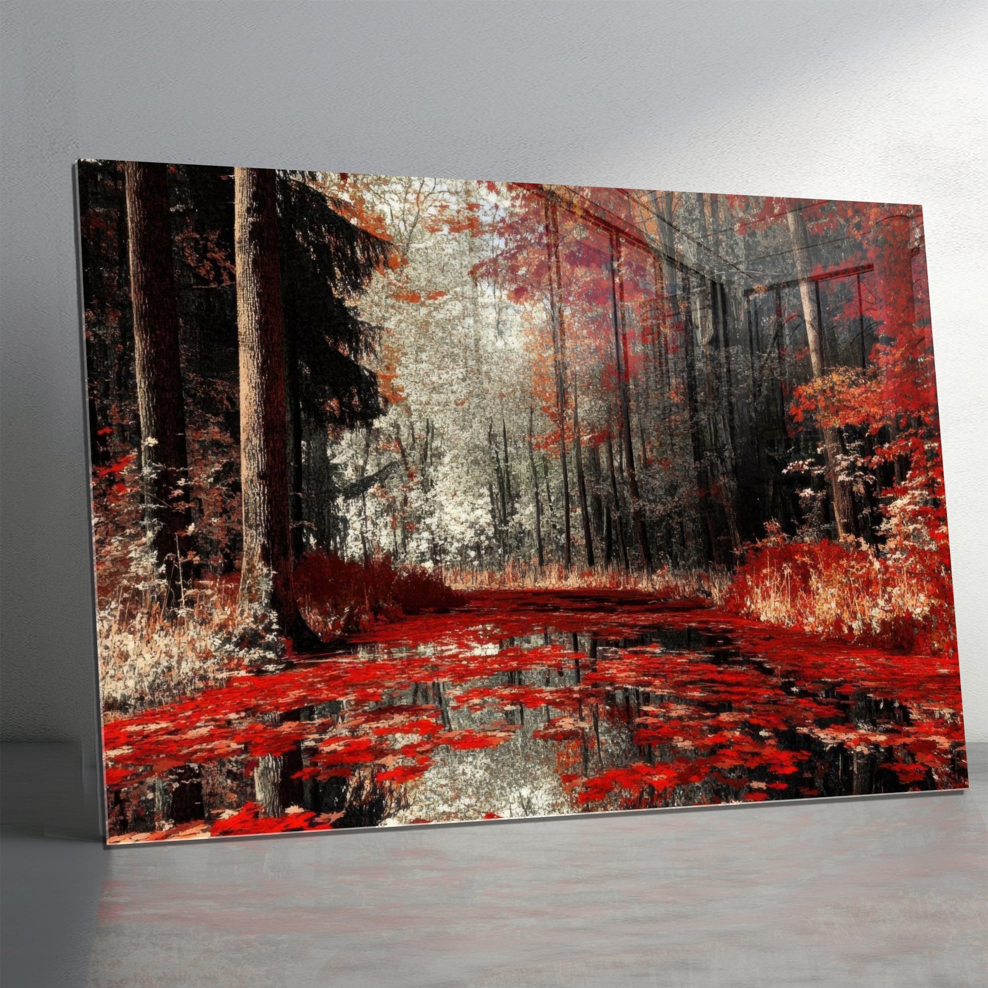 Autumn Forest Glass Wall Art, Red Foliage Tempered Glass Print, Fall Landscape Wall Decor, Tranquil Nature Glass Panel, Seasonal Home Art