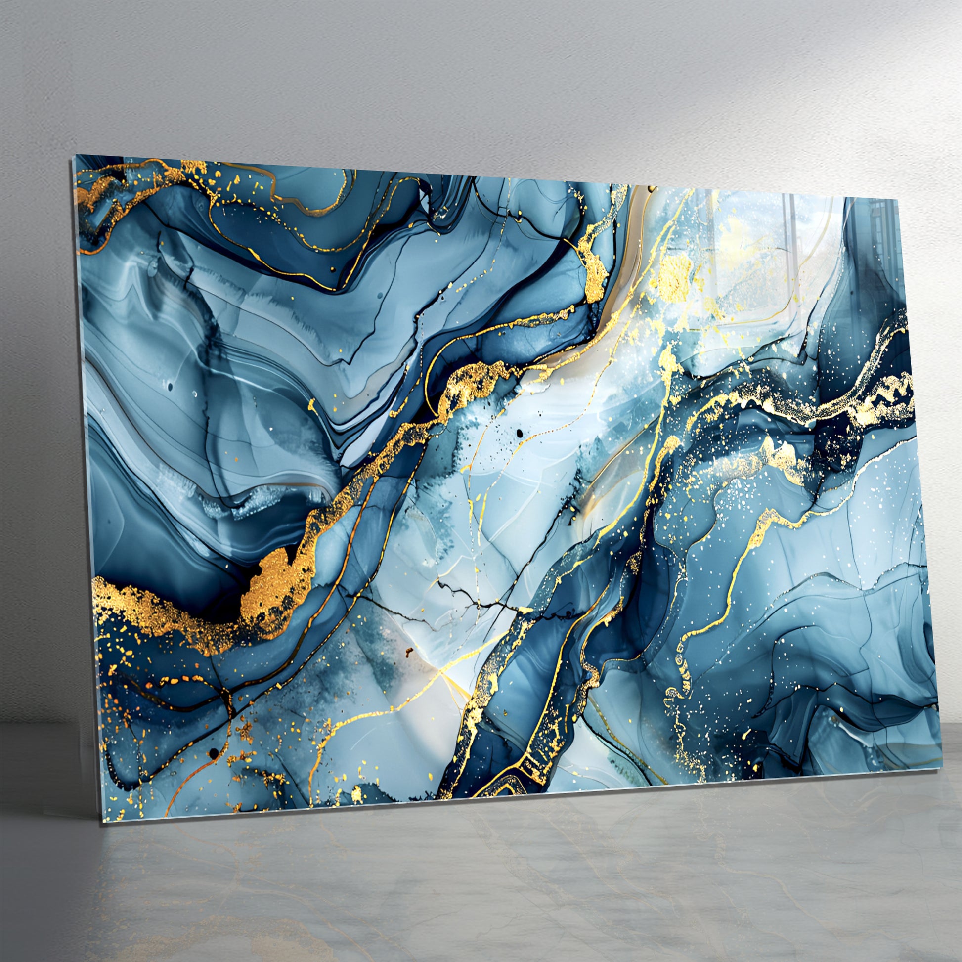 Blue Gold Marble Themed Tempered Glass Wall Art – Framed or Frameless - Luxury Glossy Panel -Stained Glass Wall Art - Marble Themed Glass Backsplash (Copy)