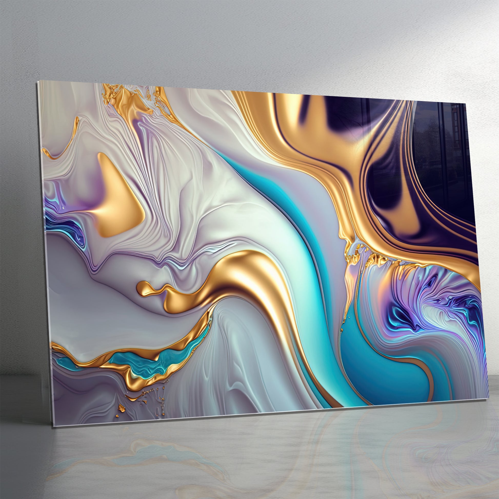 Gold Abstract Chrome Glass Wall Art – Metallic Fluid Design on Tempered Glass