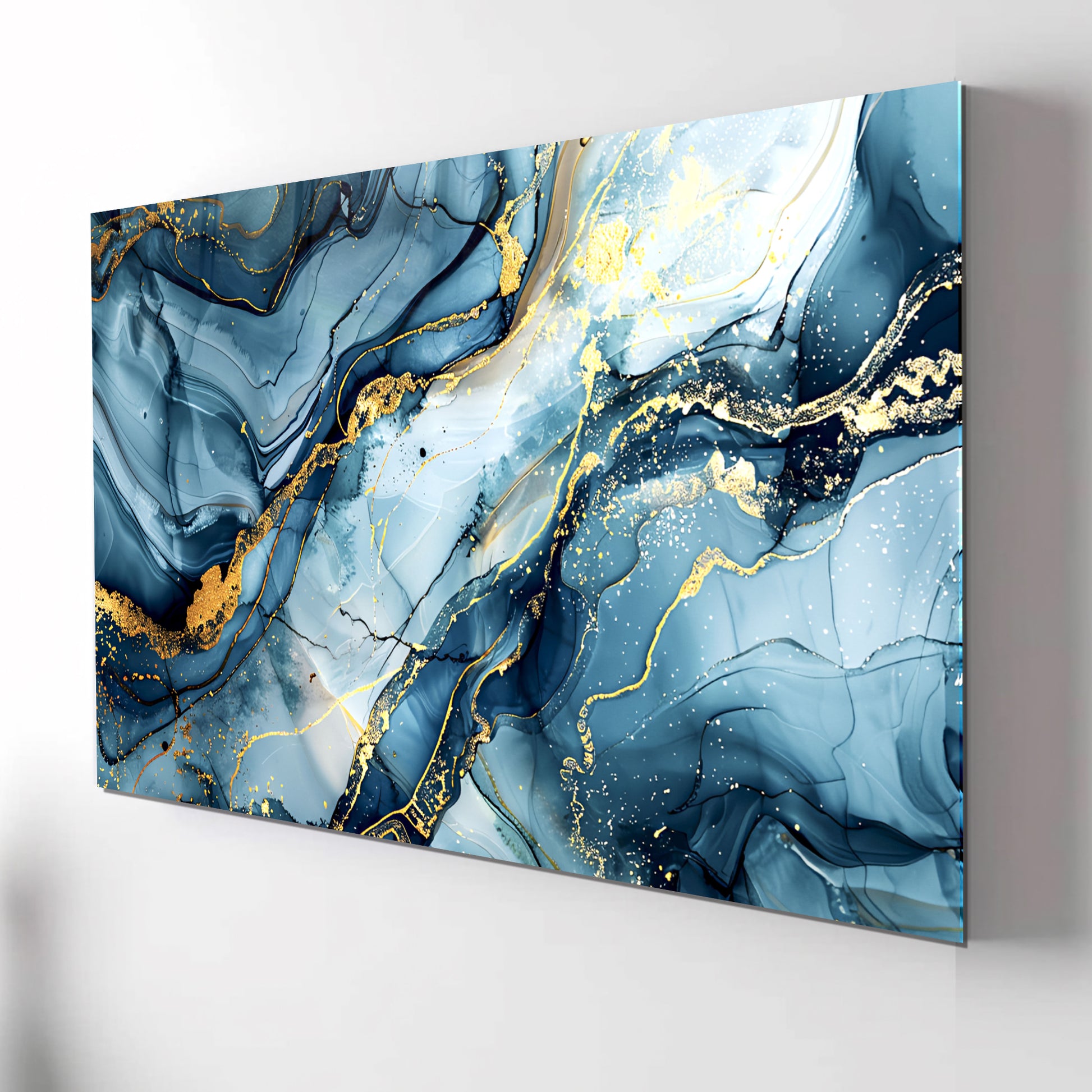 Blue Gold Marble Themed Tempered Glass Wall Art – Framed or Frameless - Luxury Glossy Panel -Stained Glass Wall Art - Marble Themed Glass Backsplash (Copy)