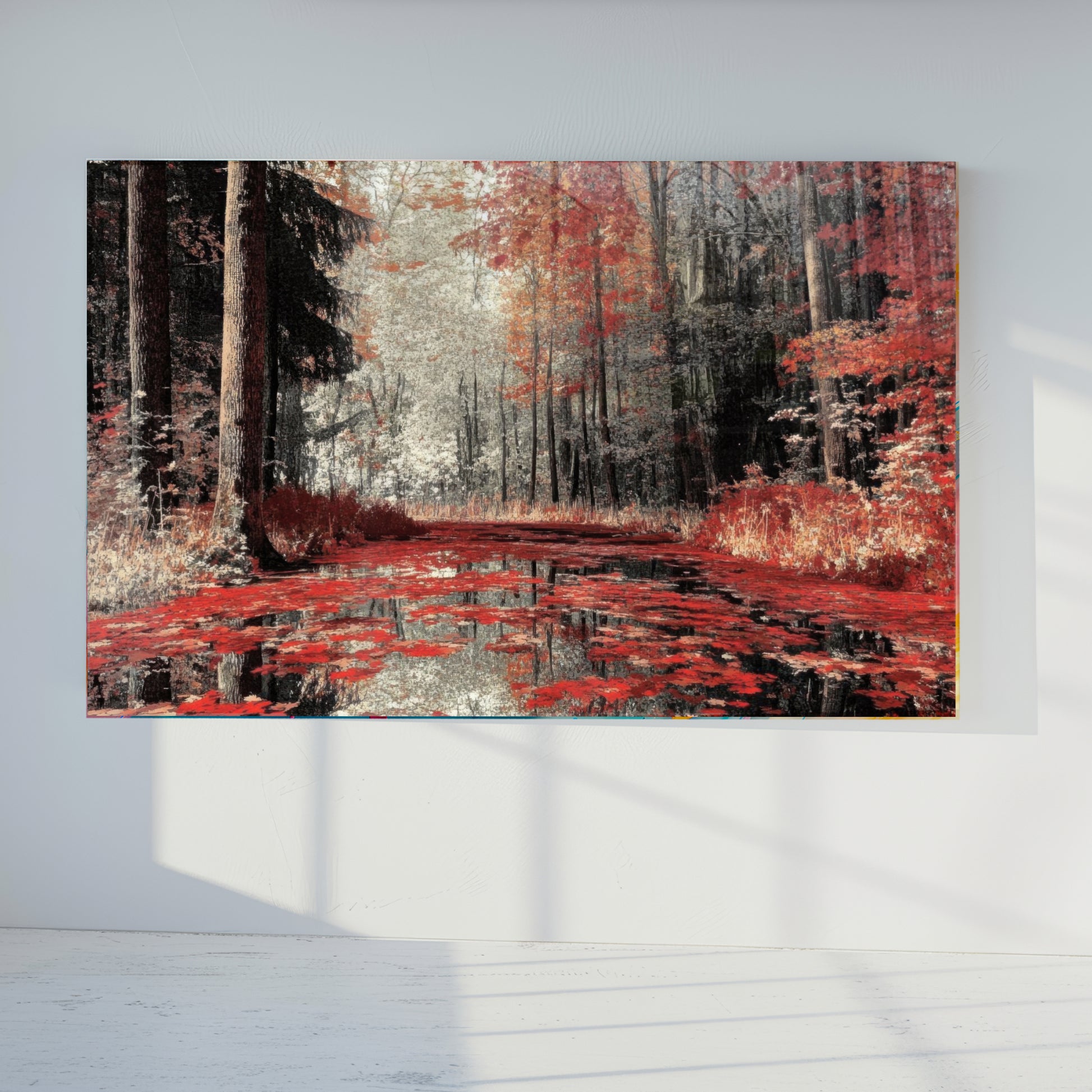 Autumn Forest Glass Wall Art, Red Foliage Tempered Glass Print, Fall Landscape Wall Decor, Tranquil Nature Glass Panel, Seasonal Home Art