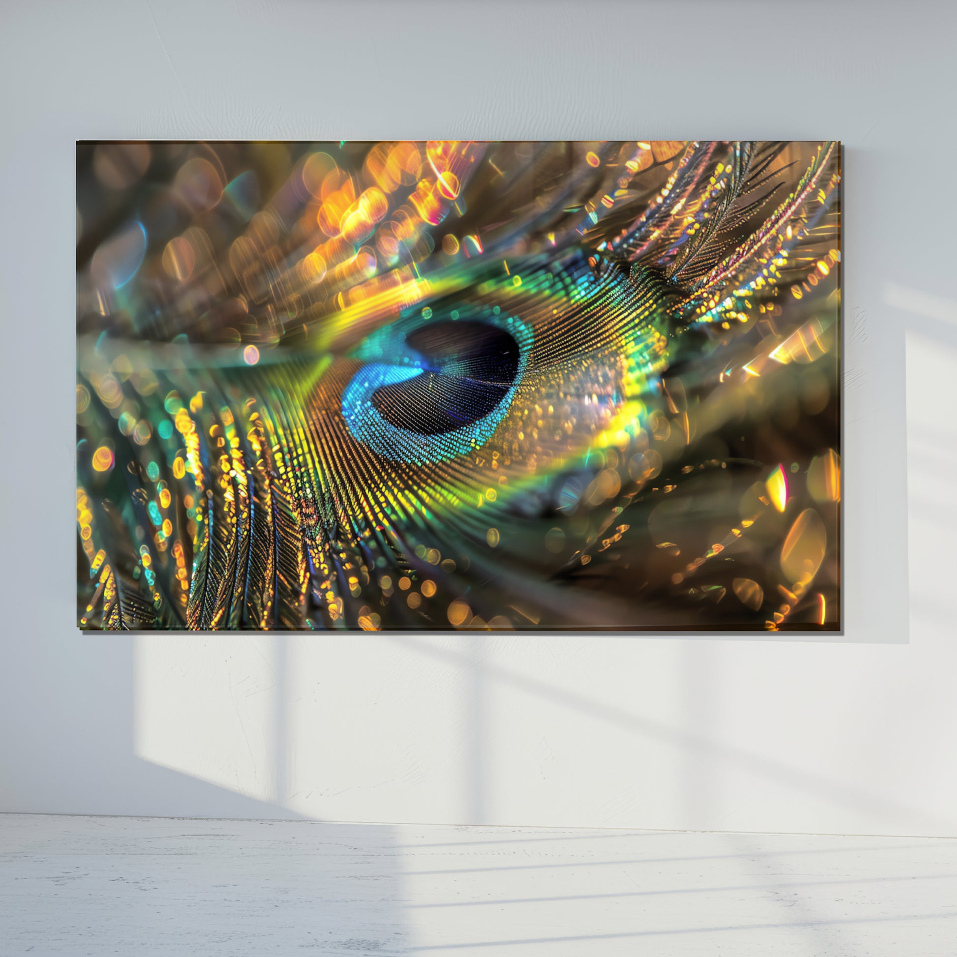 Peacock Feather Wall Art, Macro Feather Glass Print, Colorful Nature Wall Decor, Tempered Glass Art Panel, Elegant Bird Theme Art