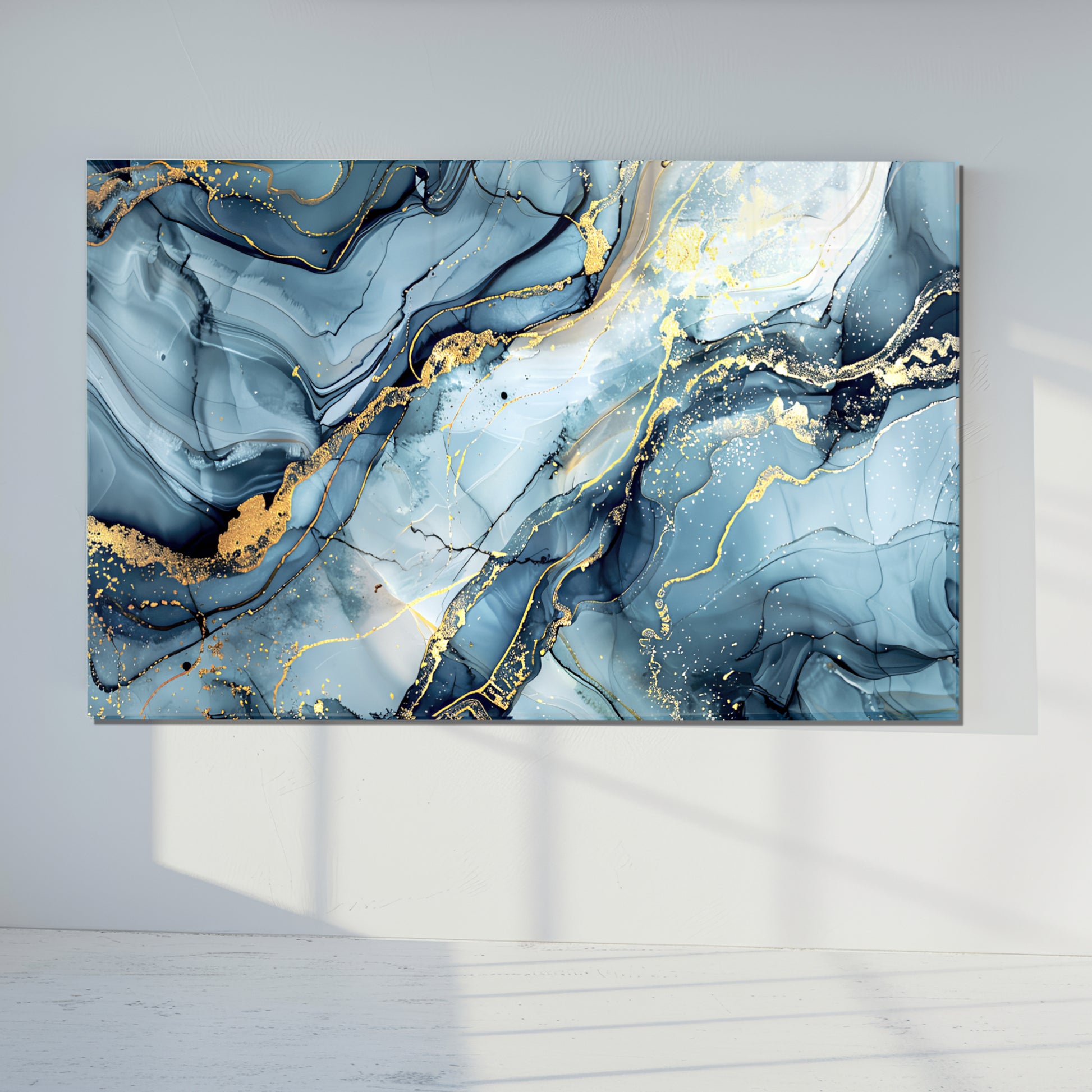 Blue Gold Marble Themed Tempered Glass Wall Art – Framed or Frameless - Luxury Glossy Panel -Stained Glass Wall Art - Marble Themed Glass Backsplash (Copy)