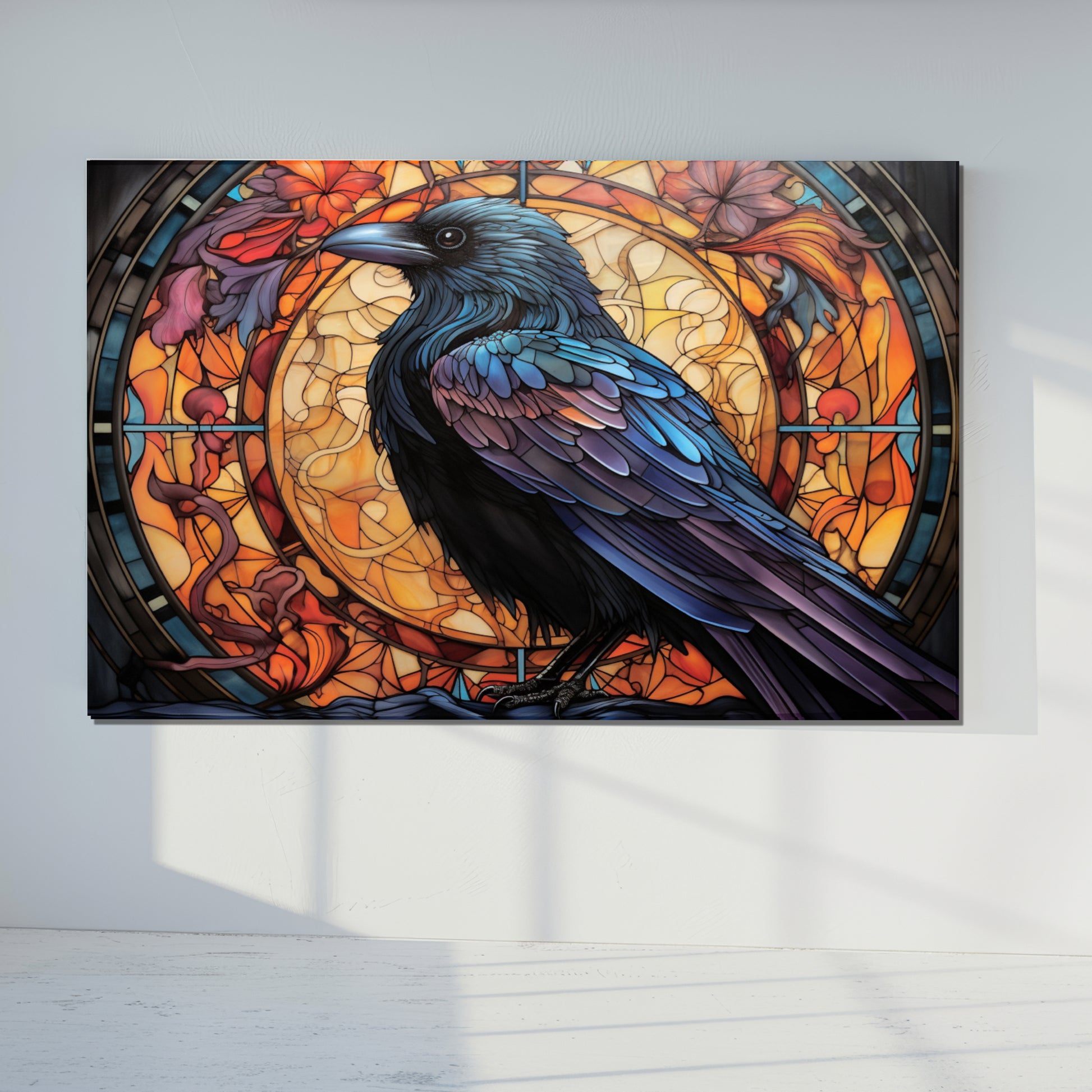 Raven Stained Glass Wall Art – Gothic Crow Bird Panel on Tempered Glass