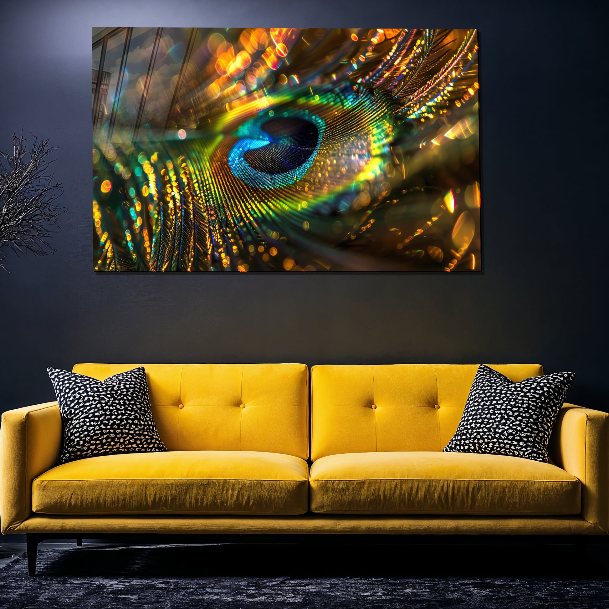 Peacock Feather Wall Art, Macro Feather Glass Print, Colorful Nature Wall Decor, Tempered Glass Art Panel, Elegant Bird Theme Art