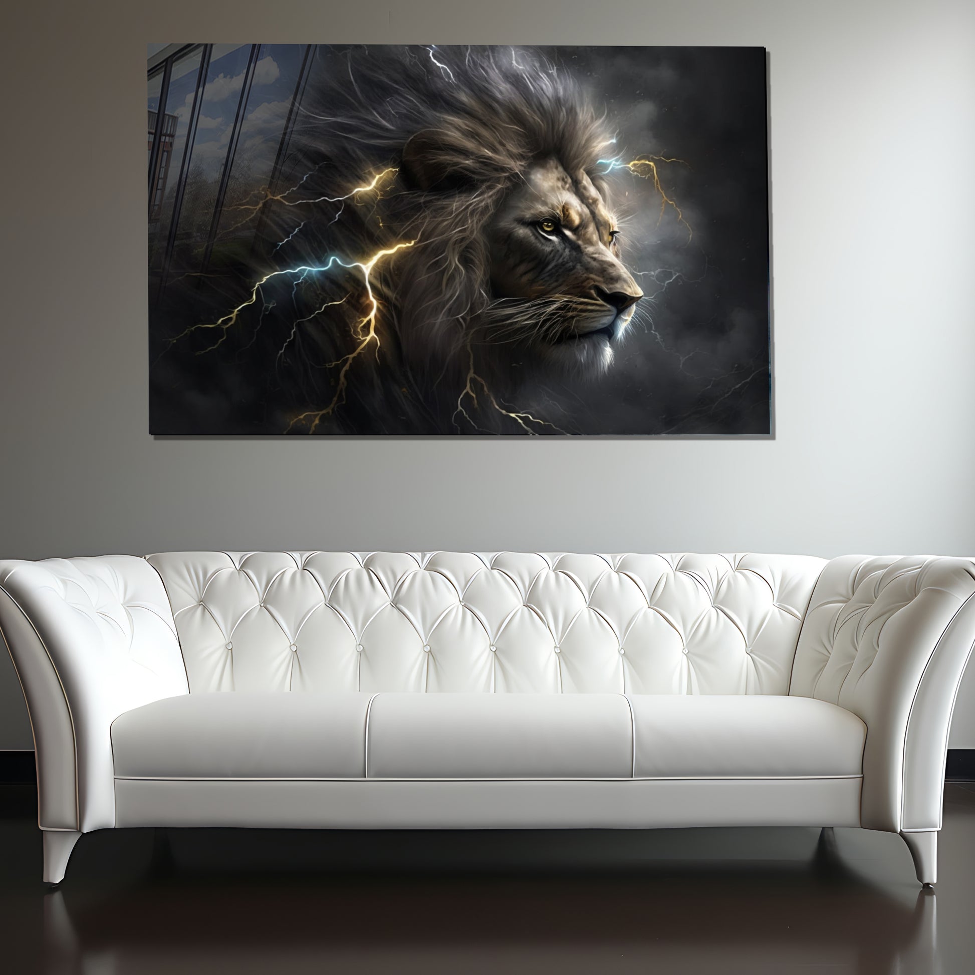 Powerful Lion Wall Art, Electric Storm Lion, Tempered Glass Animal Art, Lightning Lion Print, Bold Safari Wall Decor