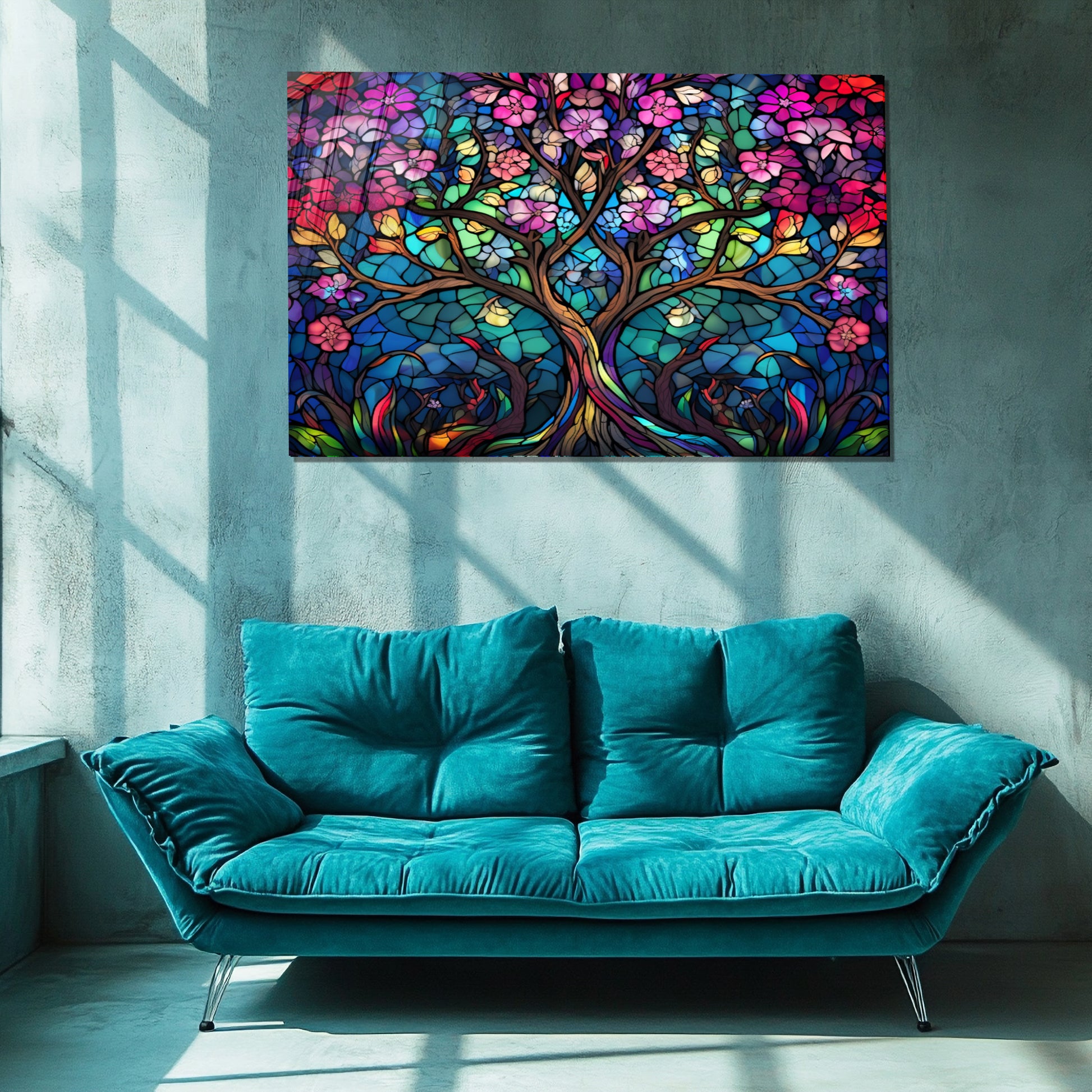 Tree of Life Stained Glass Wall Art – Colorful Floral Tempered Glass Panel