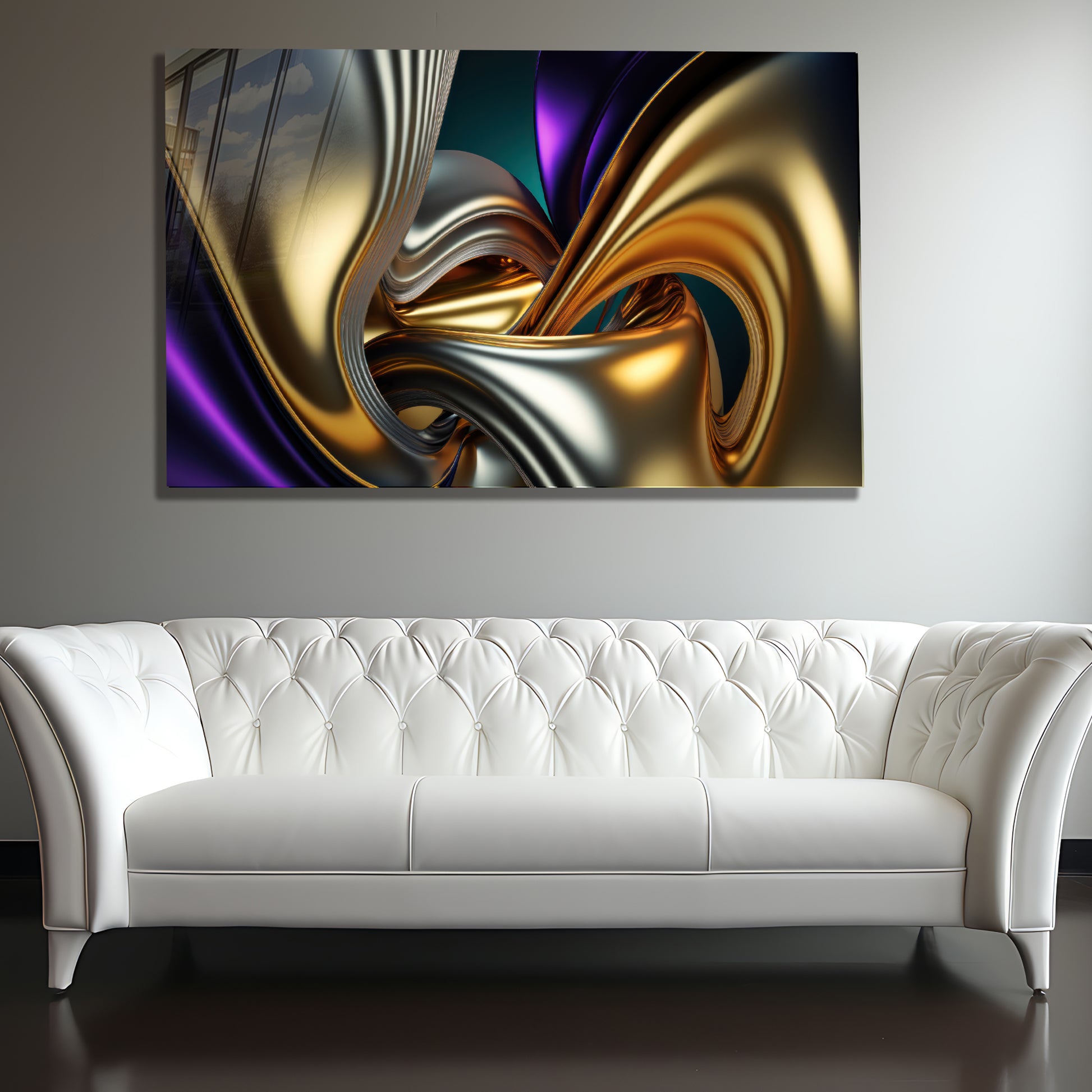 Gold & Purple Abstract Glass Wall Art – Luxury Metallic Fluid Design on Tempered Glass