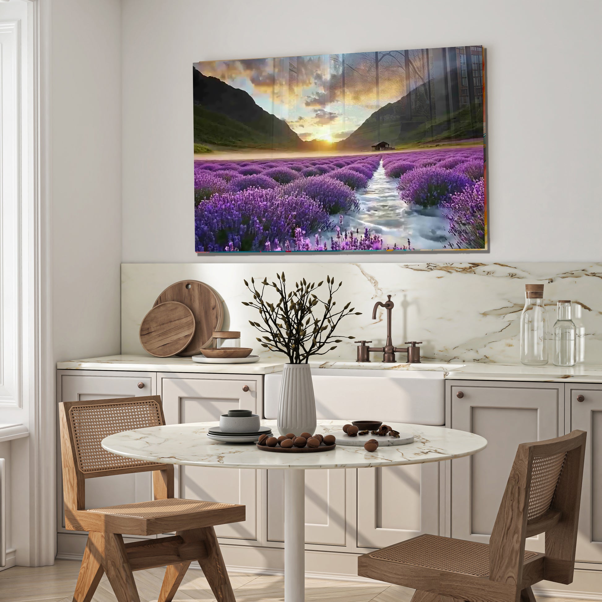 Lavender Field Glass Wall Art, Sunset Landscape Tempered Glass Print, Nature Wall Decor, Purple Floral Glass Panel, Relaxing Scenic Art