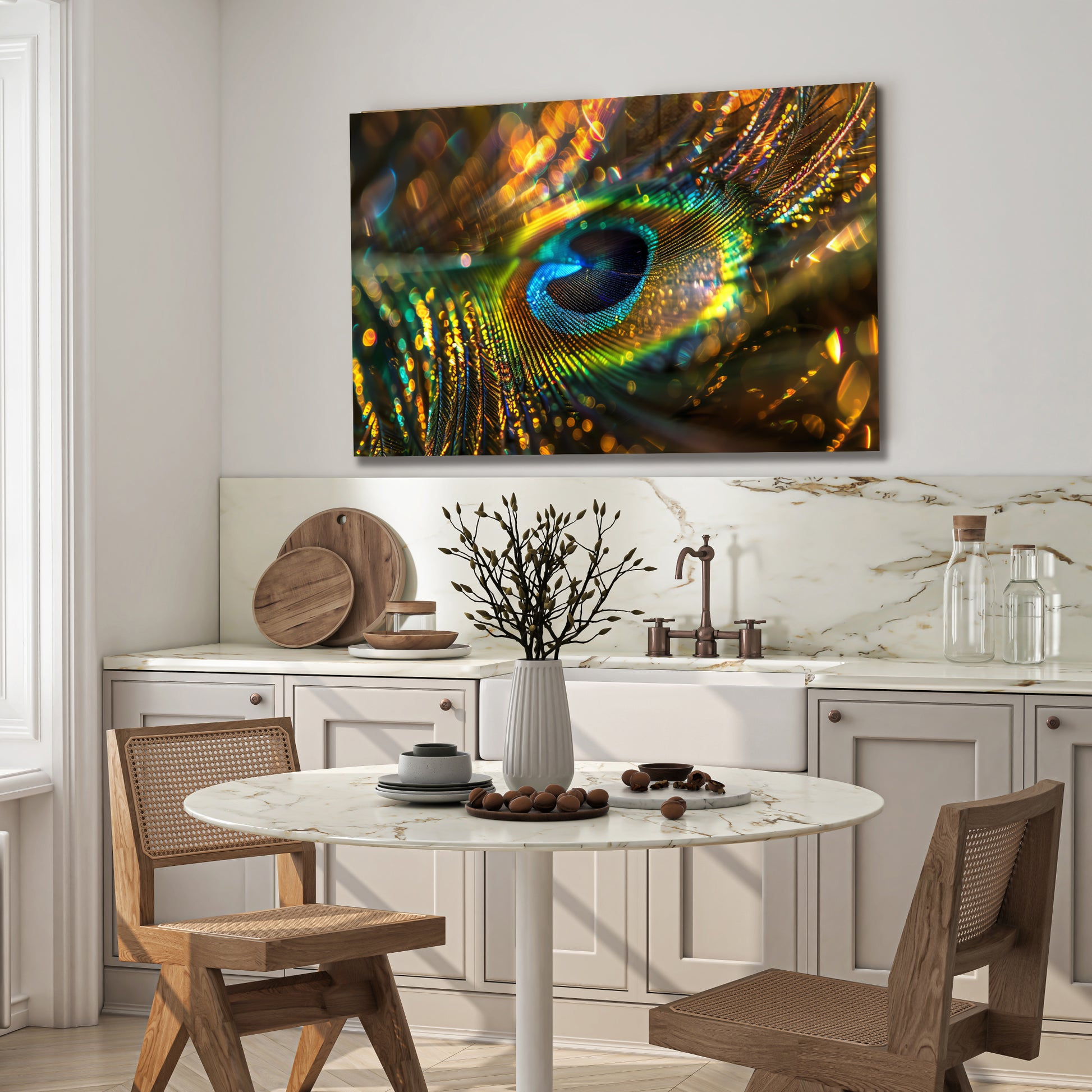 Peacock Feather Wall Art, Macro Feather Glass Print, Colorful Nature Wall Decor, Tempered Glass Art Panel, Elegant Bird Theme Art