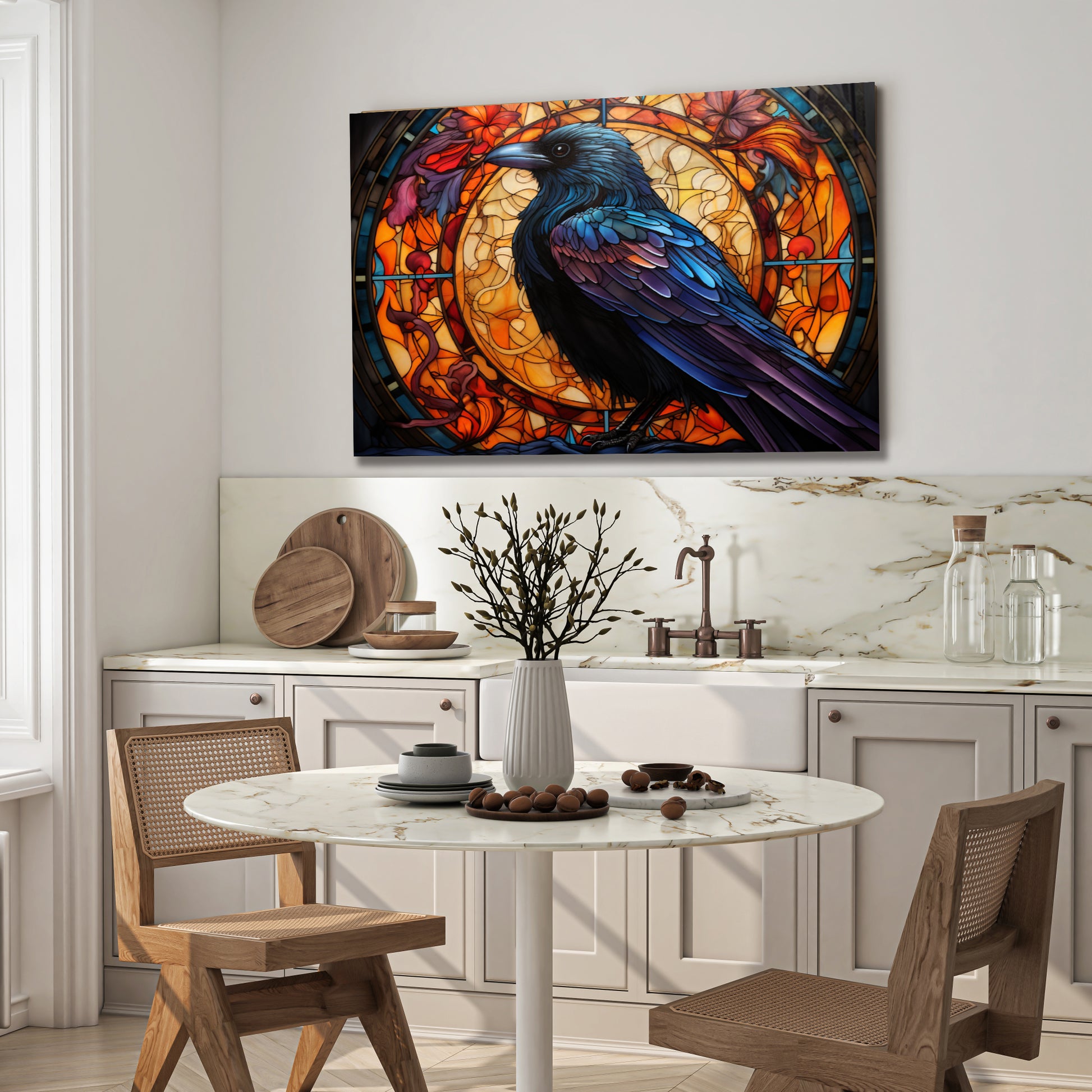 Raven Stained Glass Wall Art – Gothic Crow Bird Panel on Tempered Glass