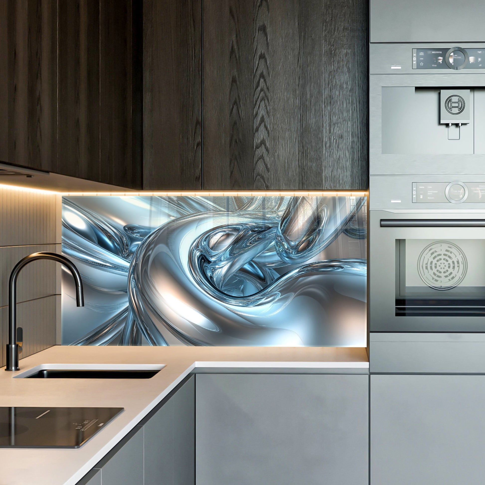 Abstract Chrome Glass Wall Art – Metallic Fluid Design on Tempered Glass
