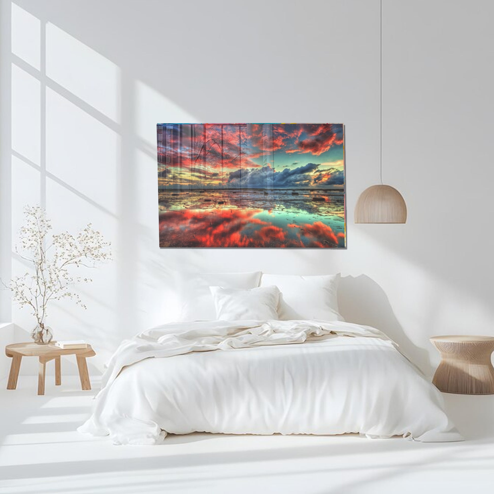Dramatic Sunset Glass Wall Art – Tempered Glass Landscape Print, Large Framed or Frameless Wall Decor, Stained Glass Wall Art, Landscape Glass Panel