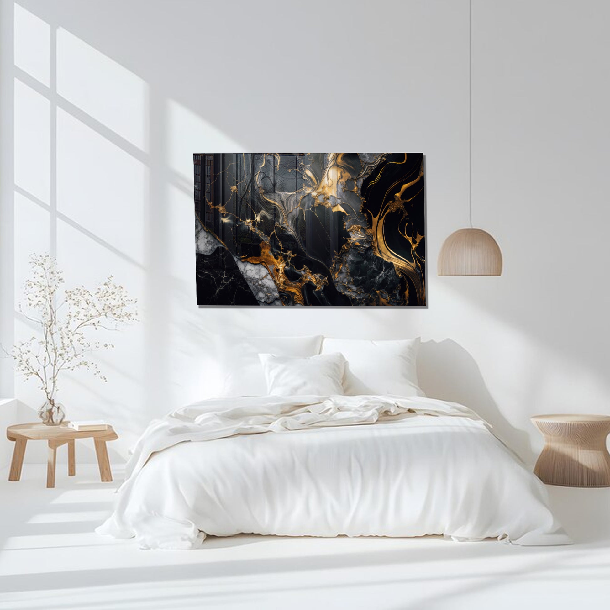 Black Gold Marble Themed Tempered Glass Wall Art – Framed or Frameless - Luxury Glossy Panel -Stained Glass Wall Art - Marble Themed Glass Backsplash