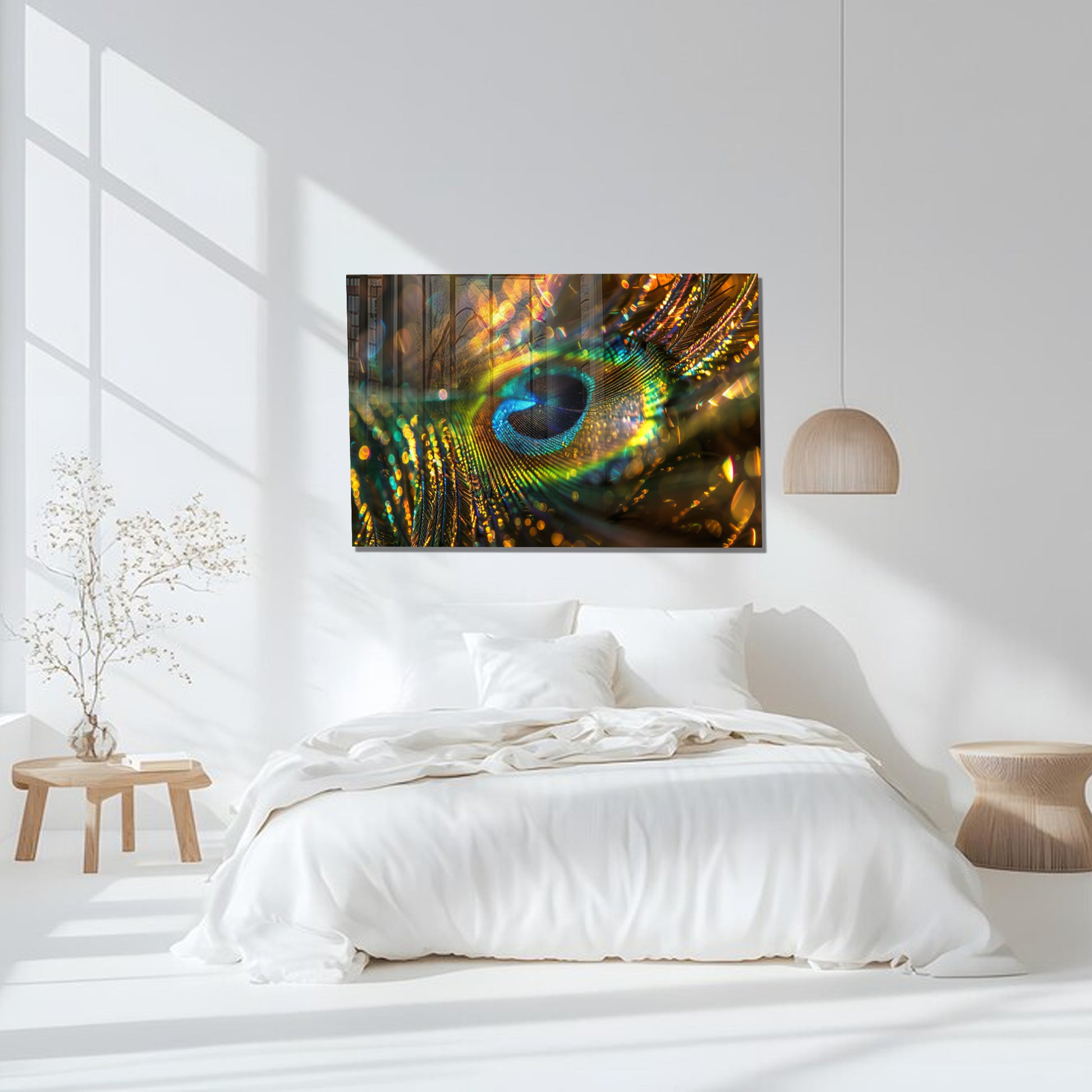Peacock Feather Wall Art, Macro Feather Glass Print, Colorful Nature Wall Decor, Tempered Glass Art Panel, Elegant Bird Theme Art