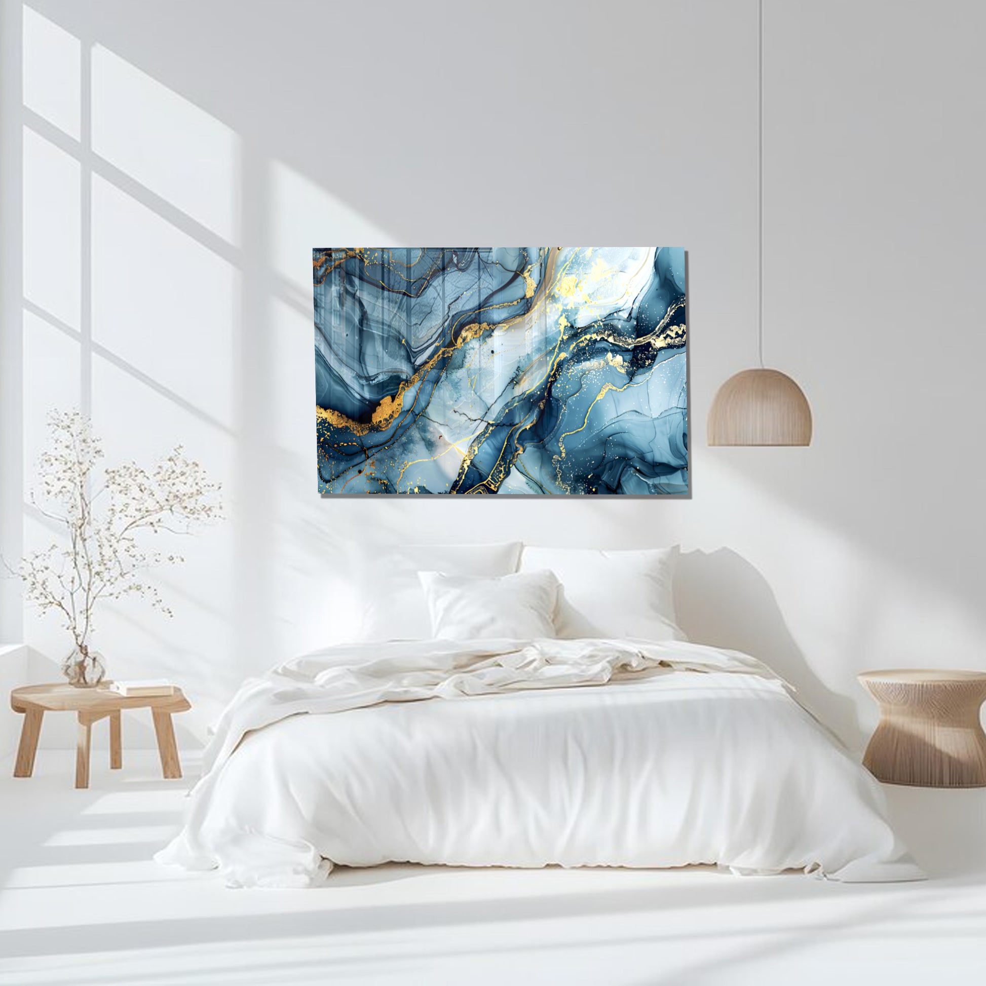 Blue Gold Marble Themed Tempered Glass Wall Art – Framed or Frameless - Luxury Glossy Panel -Stained Glass Wall Art - Marble Themed Glass Backsplash (Copy)