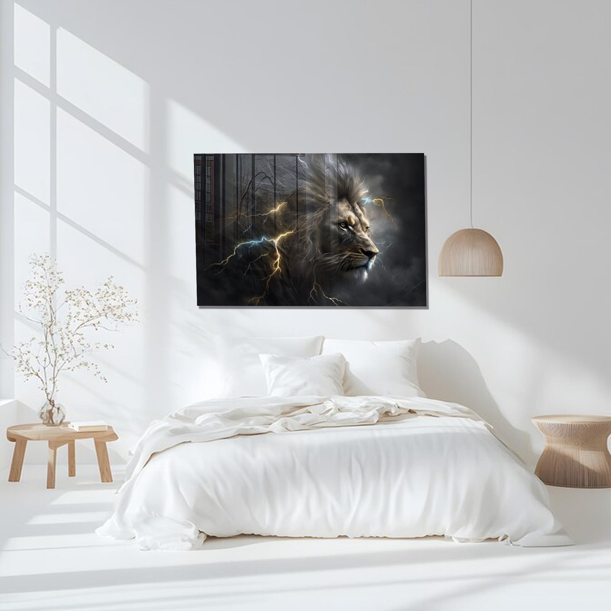 Powerful Lion Wall Art, Electric Storm Lion, Tempered Glass Animal Art, Lightning Lion Print, Bold Safari Wall Decor