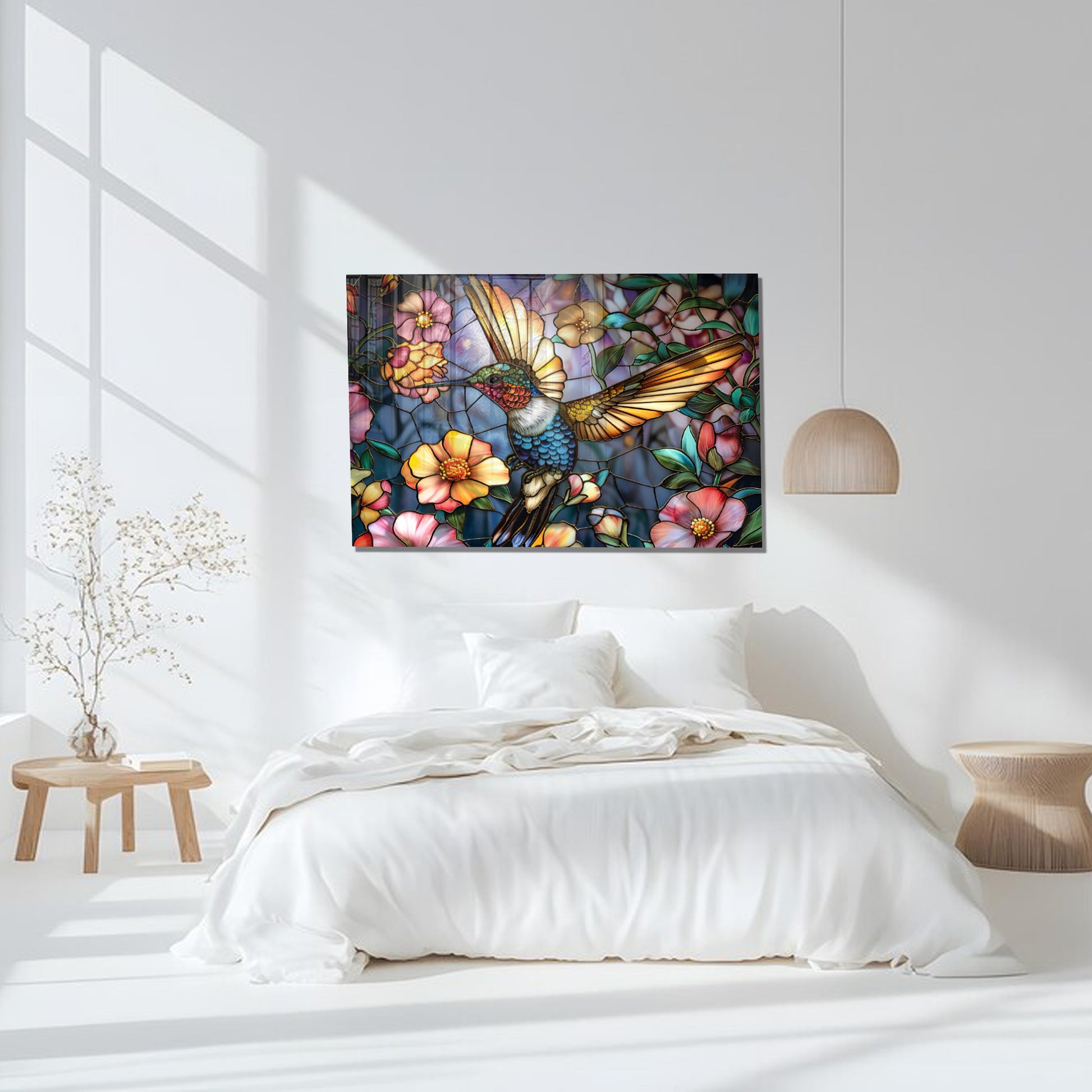 Hummingbird Stained Glass Wall Art – Colorful Floral Tempered Glass Panel