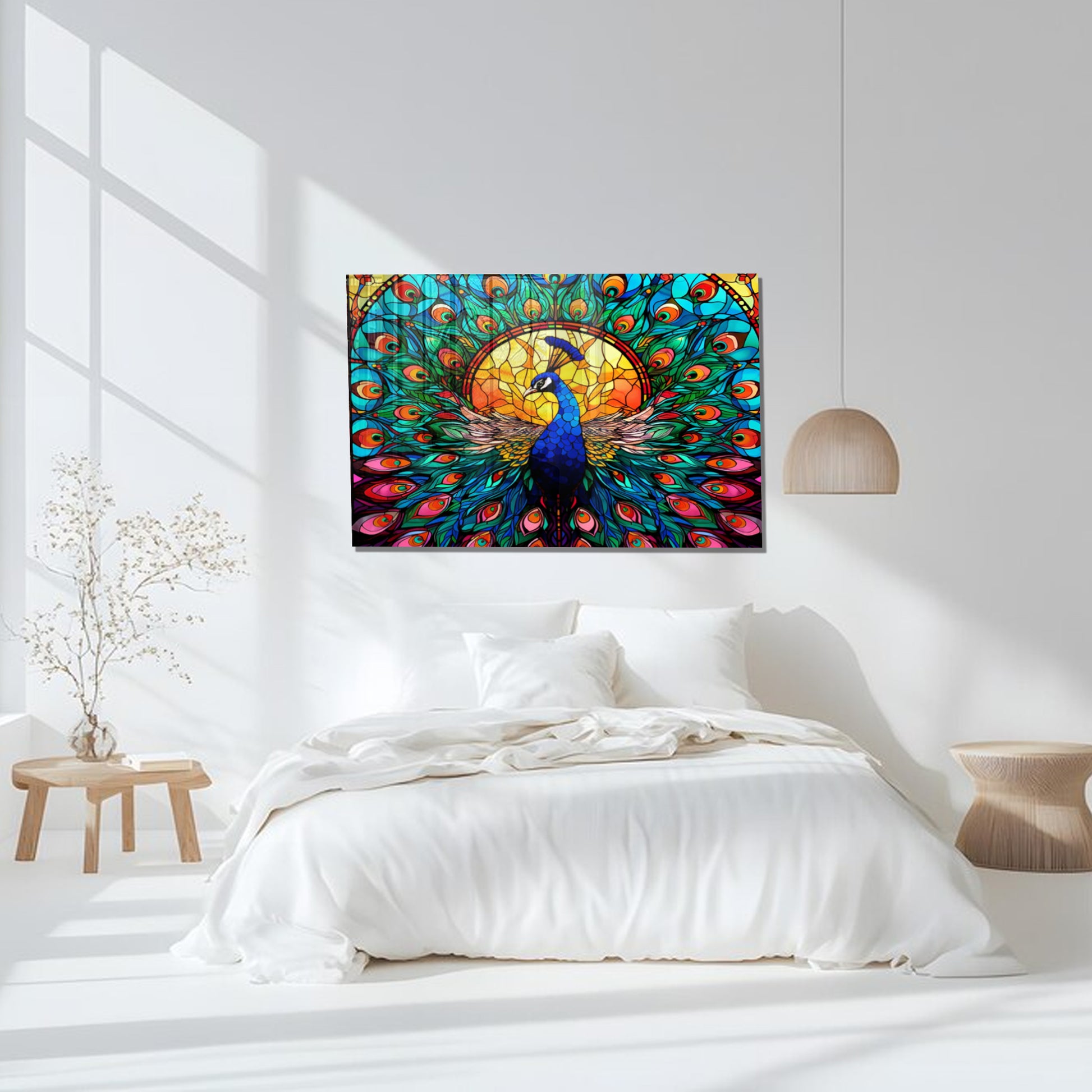 Peacock Stained Glass Wall Art – Vibrant Tempered Glass Panel with Colorful Feathers