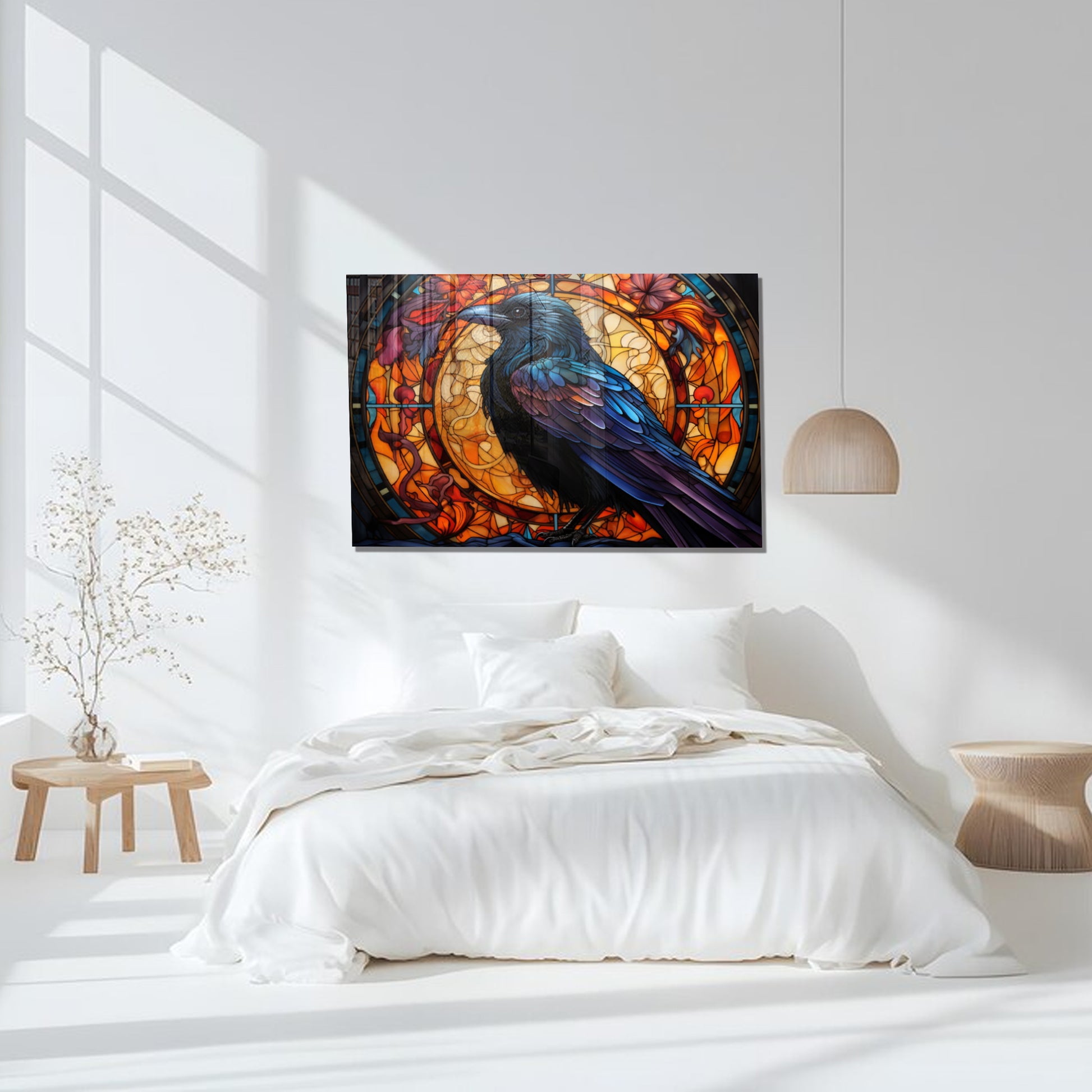 Raven Stained Glass Wall Art – Gothic Crow Bird Panel on Tempered Glass