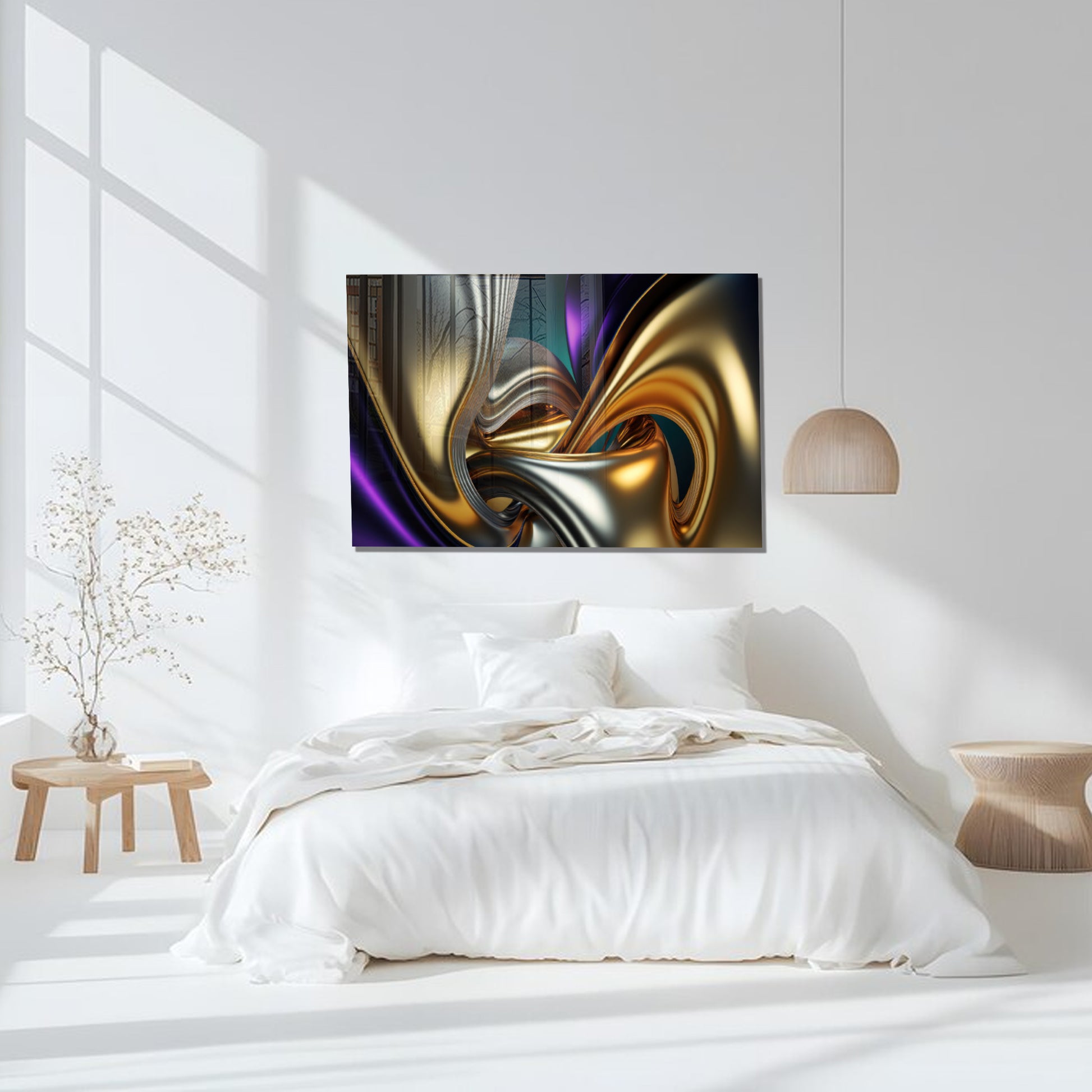Gold & Purple Abstract Glass Wall Art – Luxury Metallic Fluid Design on Tempered Glass