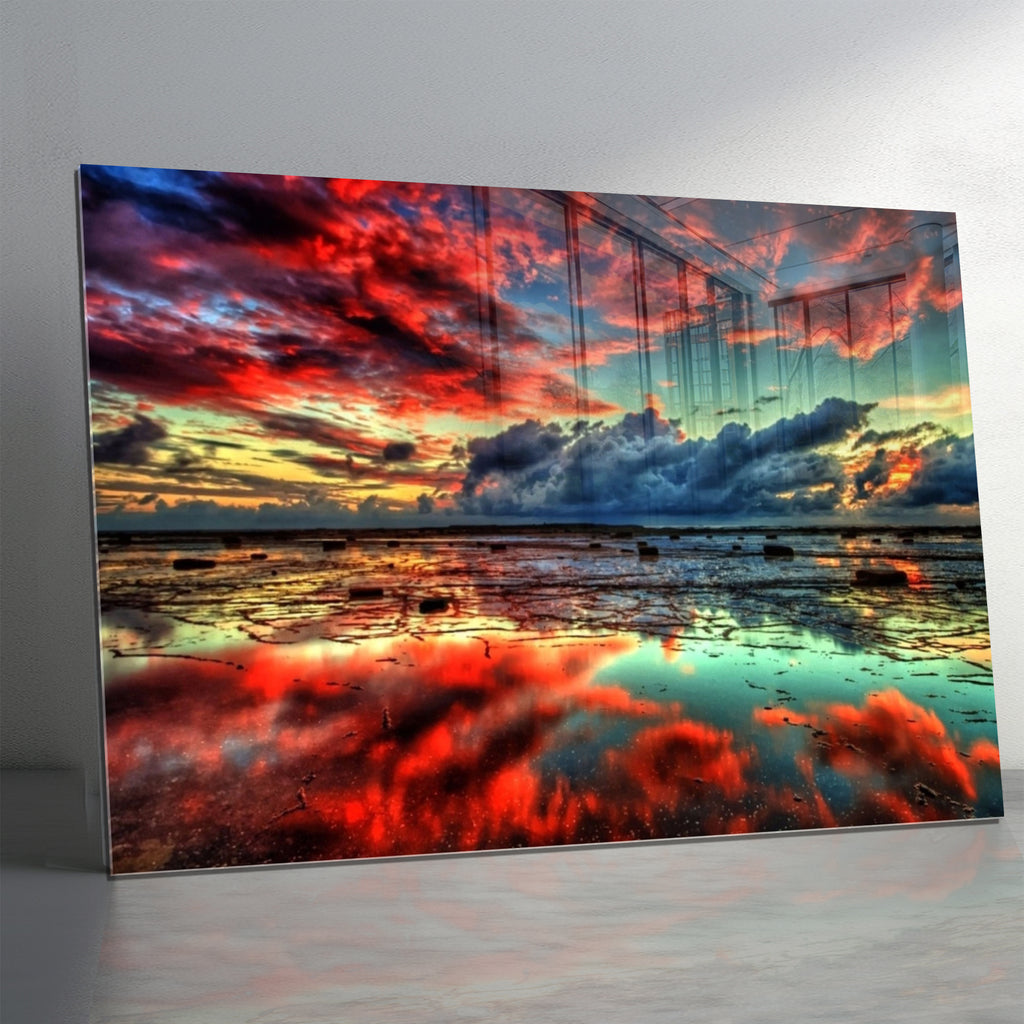Dramatic Sunset Glass Wall Art – Tempered Glass Landscape Print, Large Framed or Frameless Wall Decor, Stained Glass Wall Art, Landscape Glass Panel