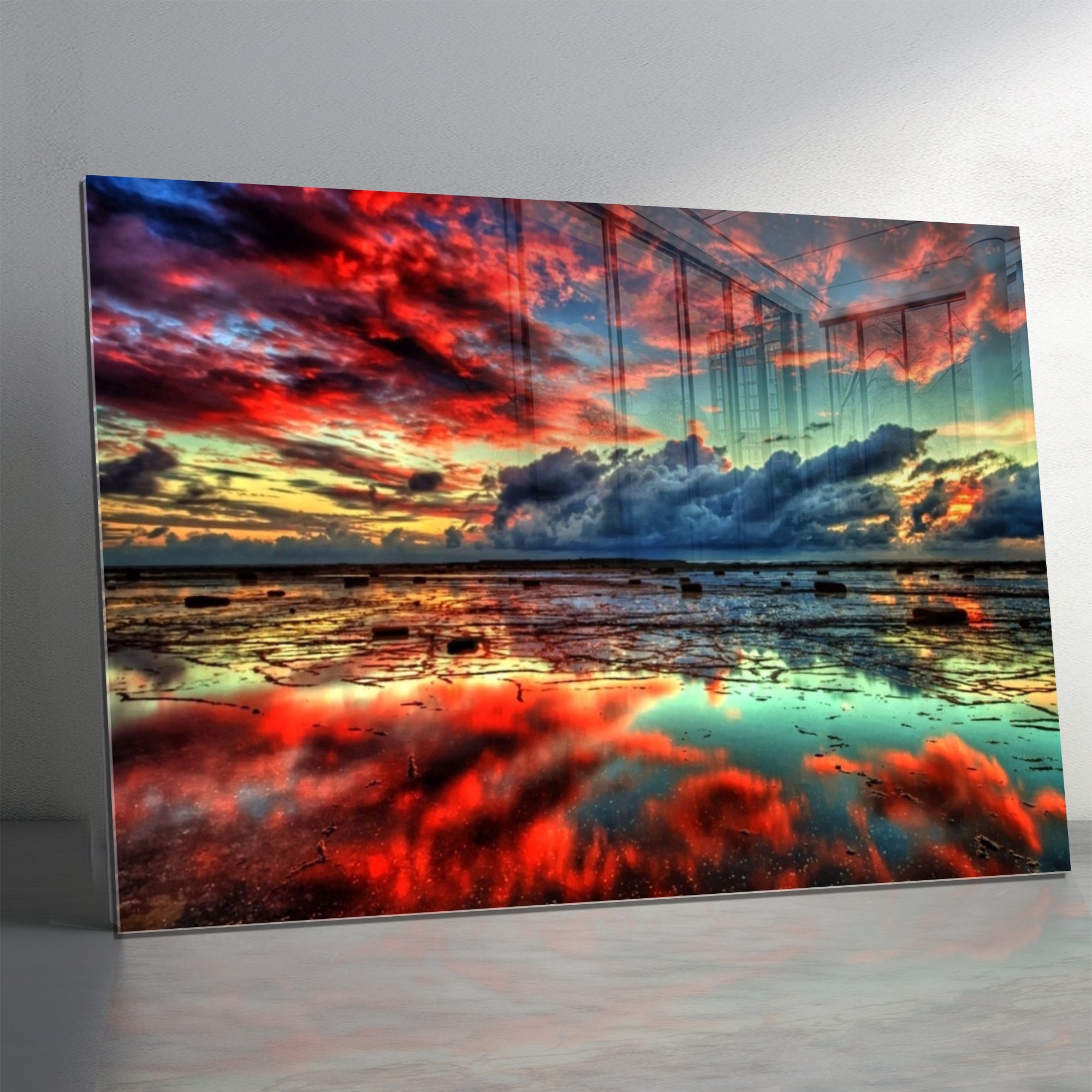 Kırmızı ve Mavi Gün Batımı Yansımalı Cam Tablo – Modern Manzara Duvar Dekoru