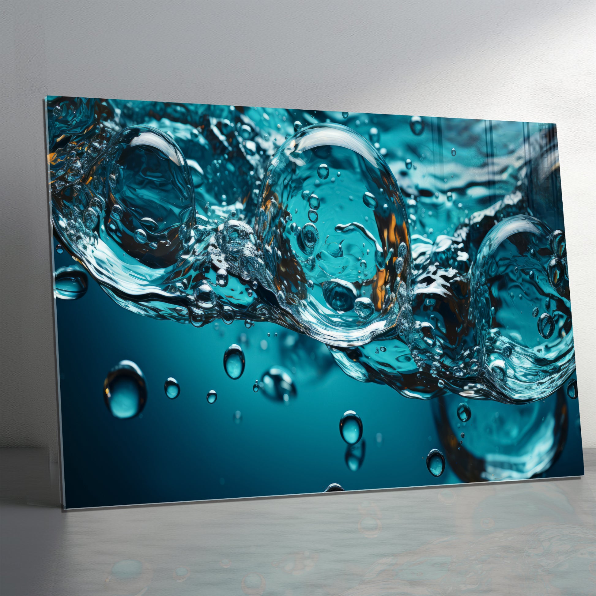 Water Bubbles Abstract Glass Wall Art – Modern Blue Fluid Design on Tempered Glass