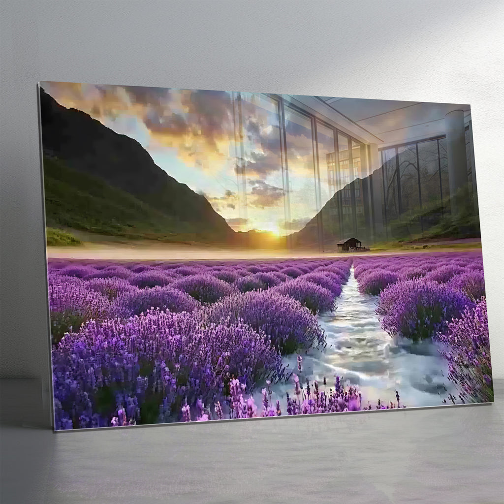 Lavender Field Glass Wall Art, Sunset Landscape Tempered Glass Print, Nature Wall Decor, Purple Floral Glass Panel, Relaxing Scenic Art