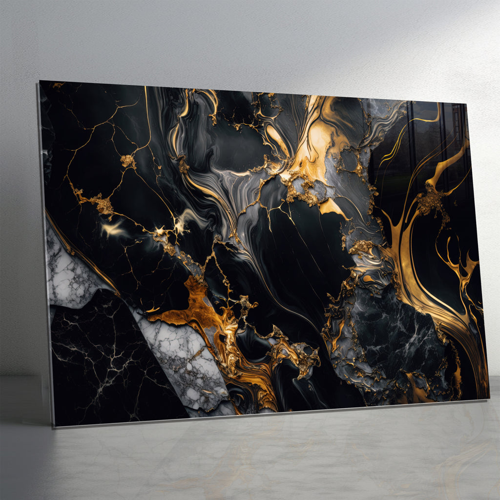 Tempered Glass Wall Art, Black and Gold Marble Design, Luxury Abstract Modern Decor Panel