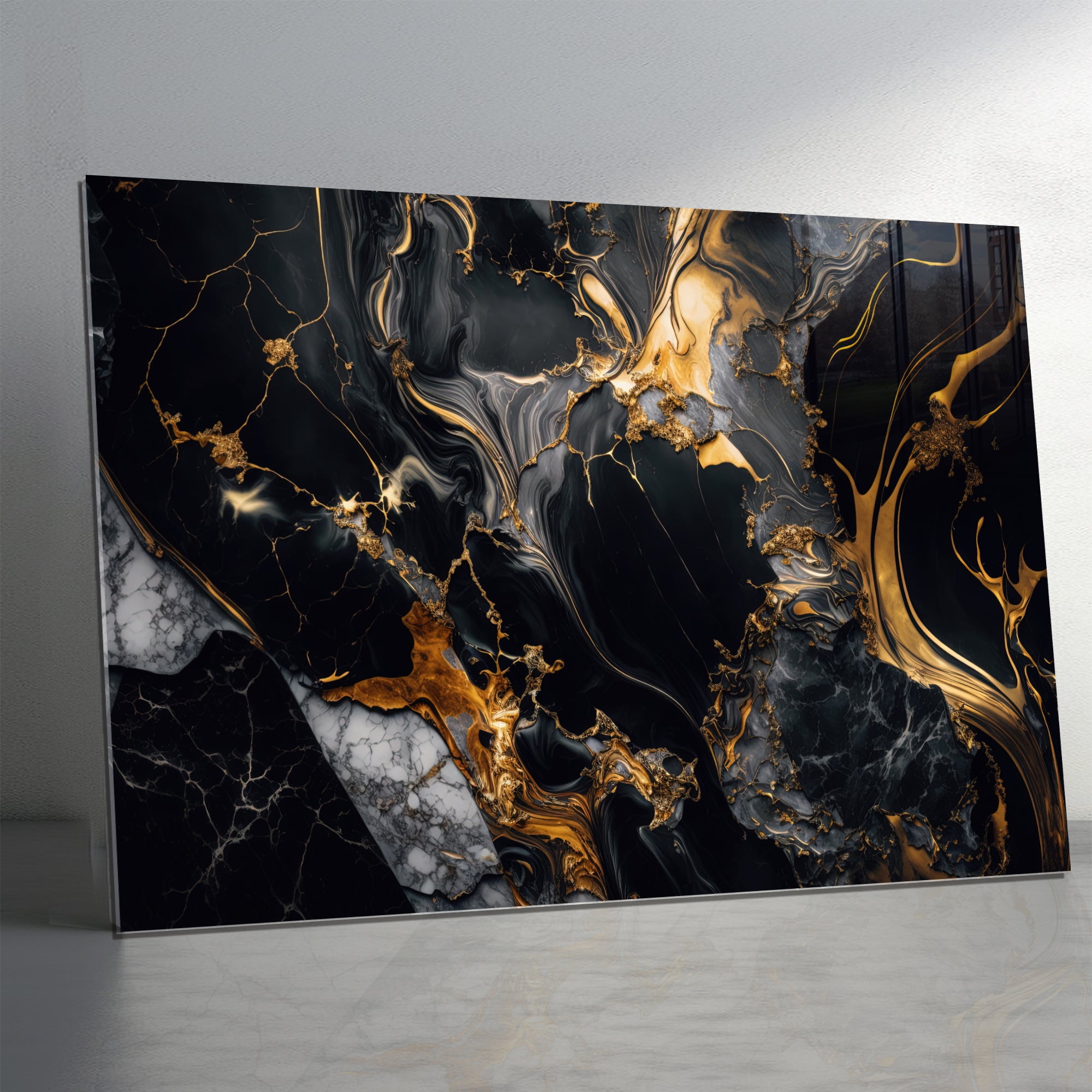 Tempered Glass Wall Art, Black and Gold Marble Design, Luxury Abstract Modern Decor Panel