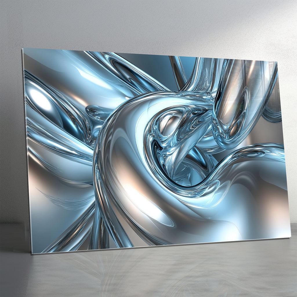 Abstract Chrome Glass Wall Art – Metallic Fluid Design on Tempered Glass