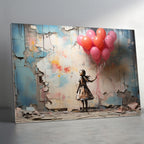 Kız ve Balonlar Temalı Temperli Cam Tablo – Modern Sokak Sanatı Tarzı, Renkli Duvar Dekoru