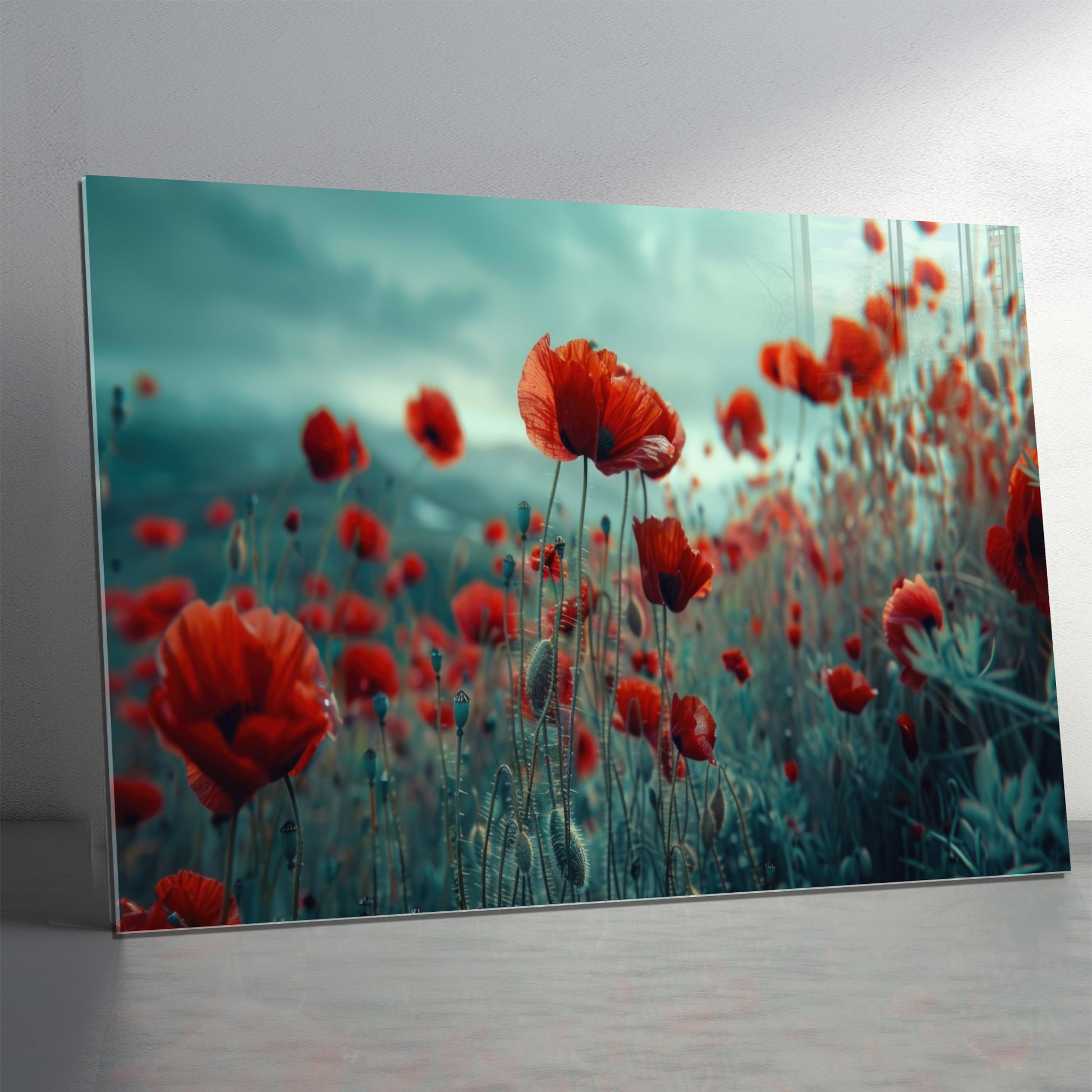 Poppy Flower Field Glass Wall Art – Botanical Nature Scene on Tempered Glass