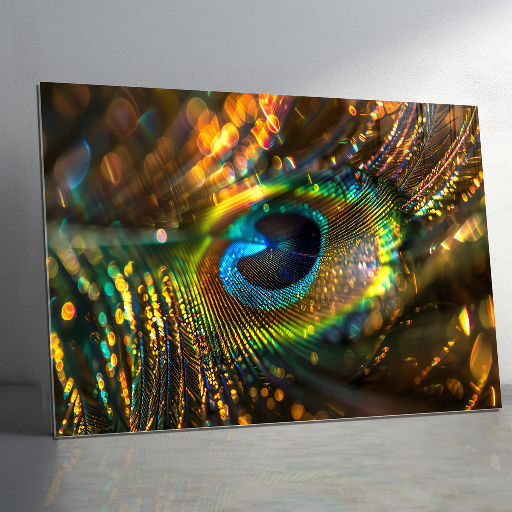 Peacock Feather Wall Art, Macro Feather Glass Print, Colorful Nature Wall Decor, Tempered Glass Art Panel, Elegant Bird Theme Art