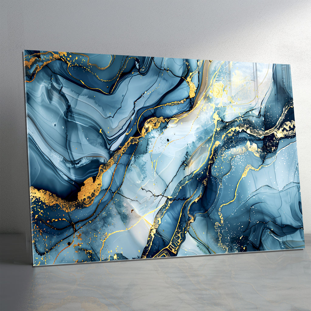 Blue Gold Marble Themed Tempered Glass Wall Art – Framed or Frameless - Luxury Glossy Panel -Stained Glass Wall Art - Marble Themed Glass Backsplash (Copy)