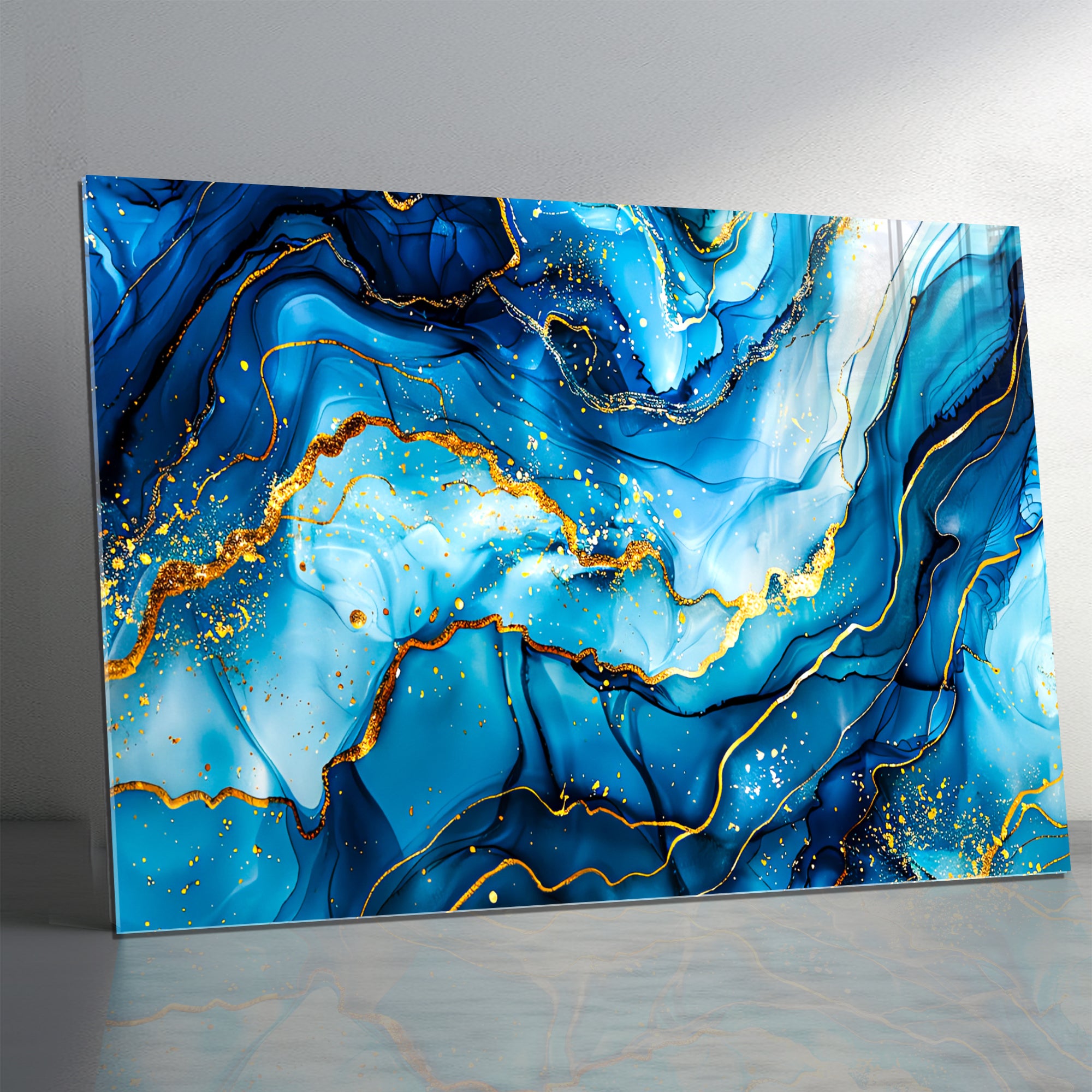 Tempered Glass Wall Art, Blue and Gold Marble Design, Luxury Abstract Modern Decor Panel
