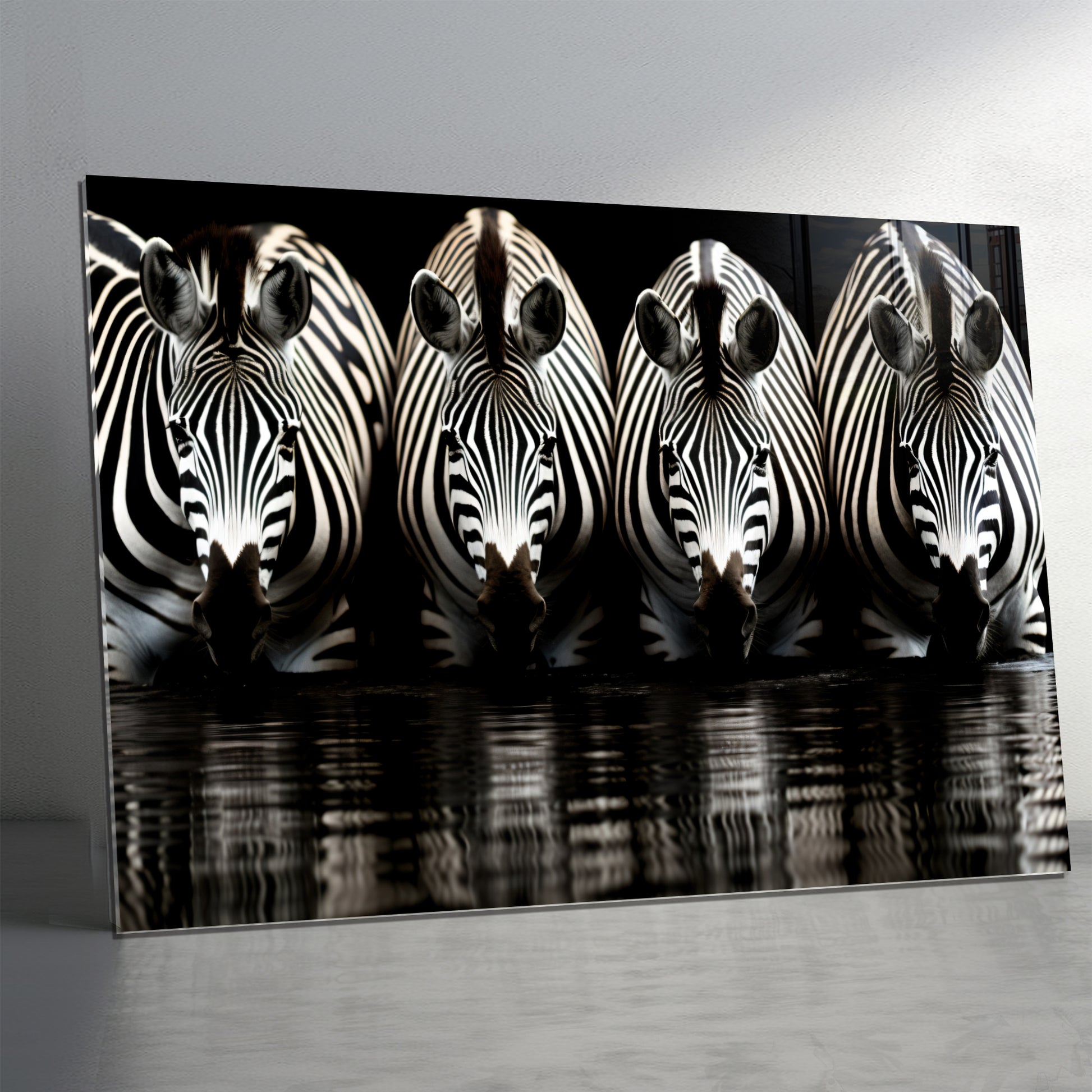 Zebra Reflections Wall Art – Monochrome Wildlife Print on Tempered Glass