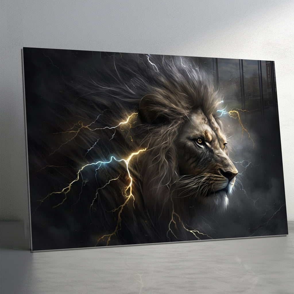 Powerful Lion Wall Art, Electric Storm Lion, Tempered Glass Animal Art, Lightning Lion Print, Bold Safari Wall Decor