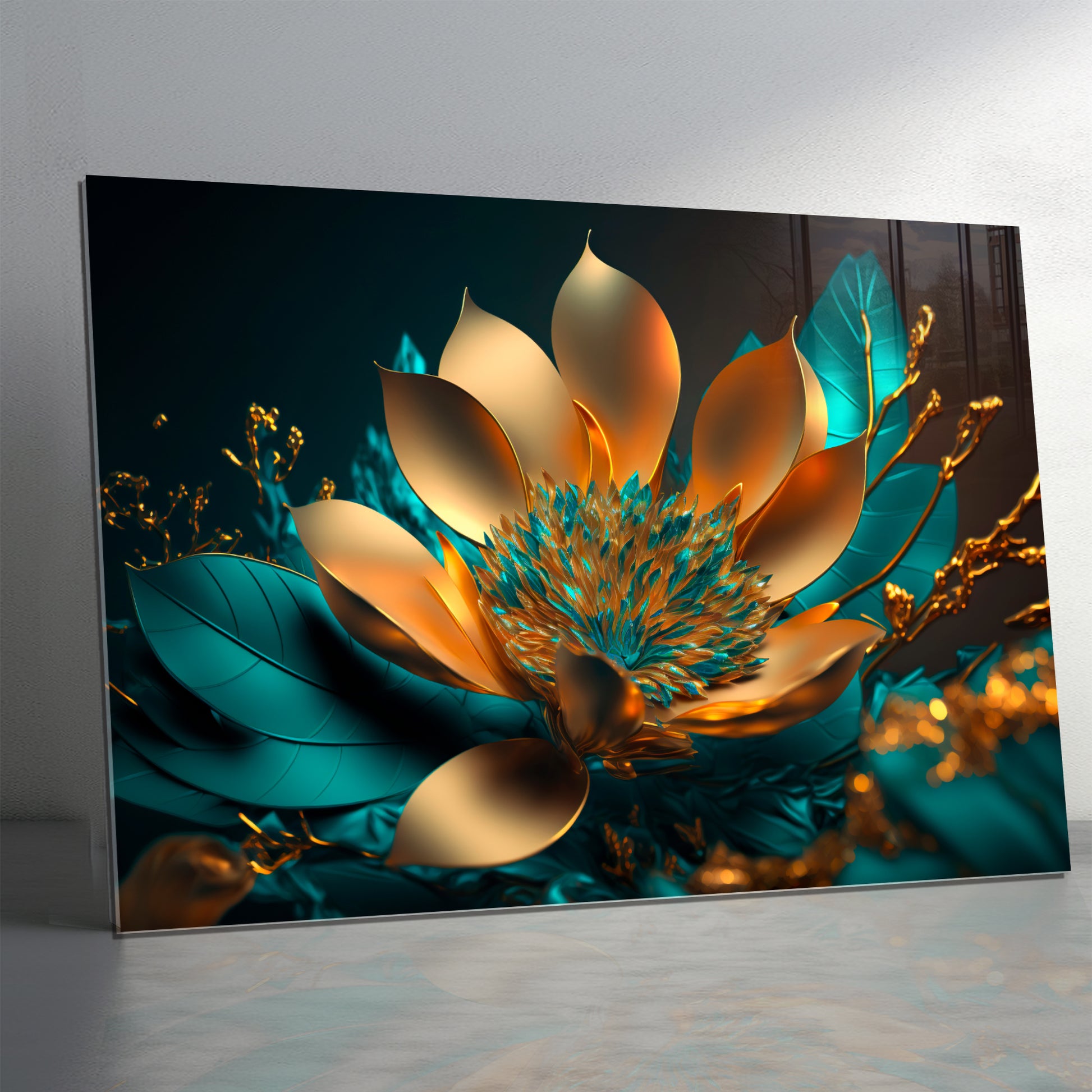 Golden Turquoise Flower Glass Wall Art – Luxury Floral Panel on Tempered Glass