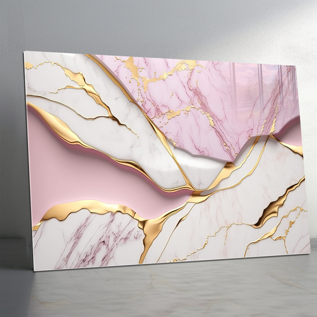 Pink Gold Marble Themed Tempered Glass Wall Art – Framed or Frameless - Luxury Glossy Panel -Stained Glass Wall Art - Marble Themed Glass Backsplash