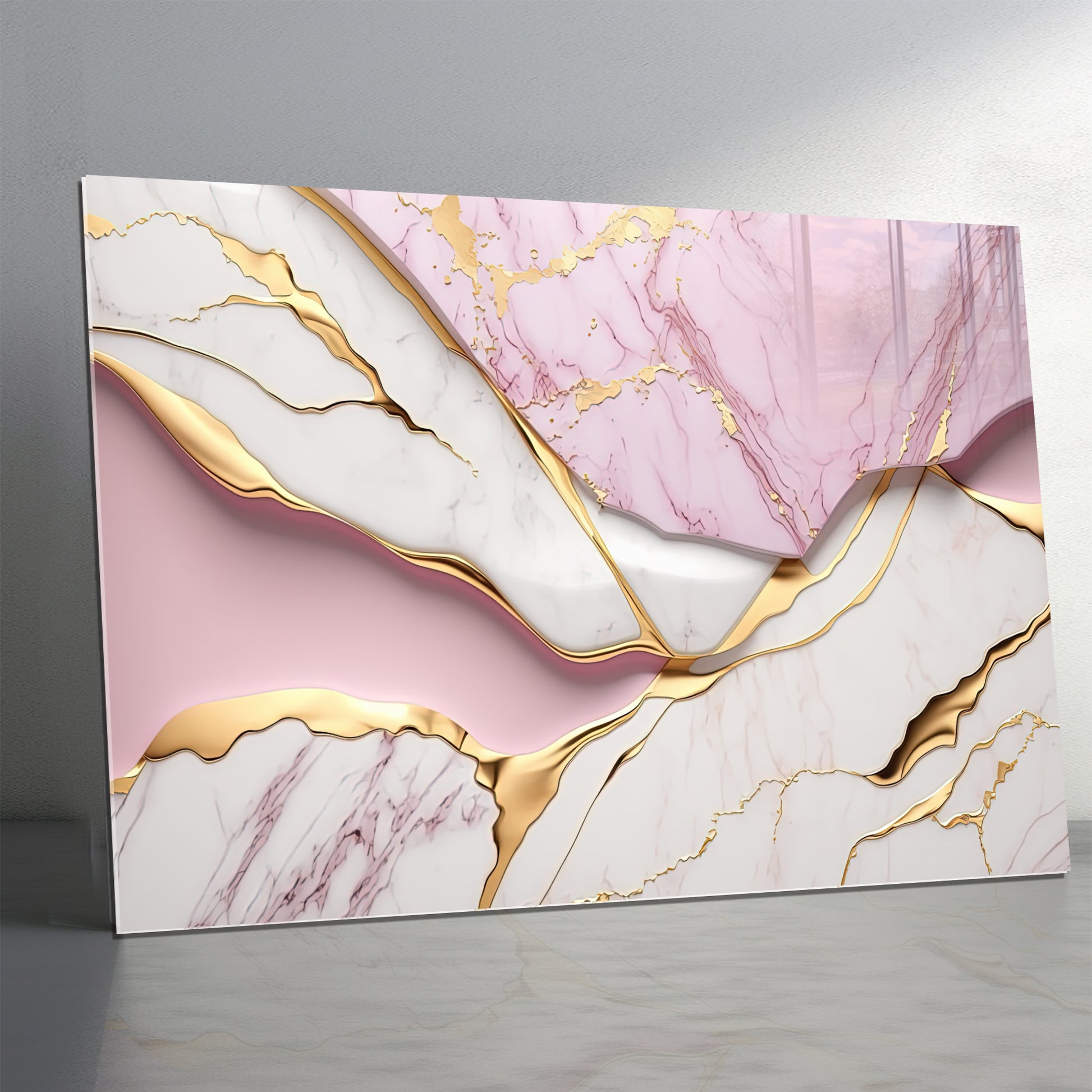 Pink Gold Marble Themed Tempered Glass Wall Art – Framed or Frameless - Luxury Glossy Panel -Stained Glass Wall Art - Marble Themed Glass Backsplash
