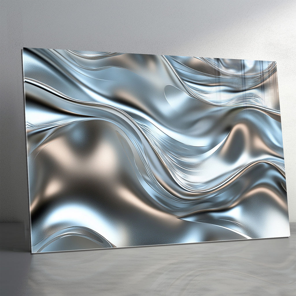 Silver Metallic Abstract Tempered Glass Painting, Modern 3D Wall Decor, Stylish and Luxury Glass Artwork