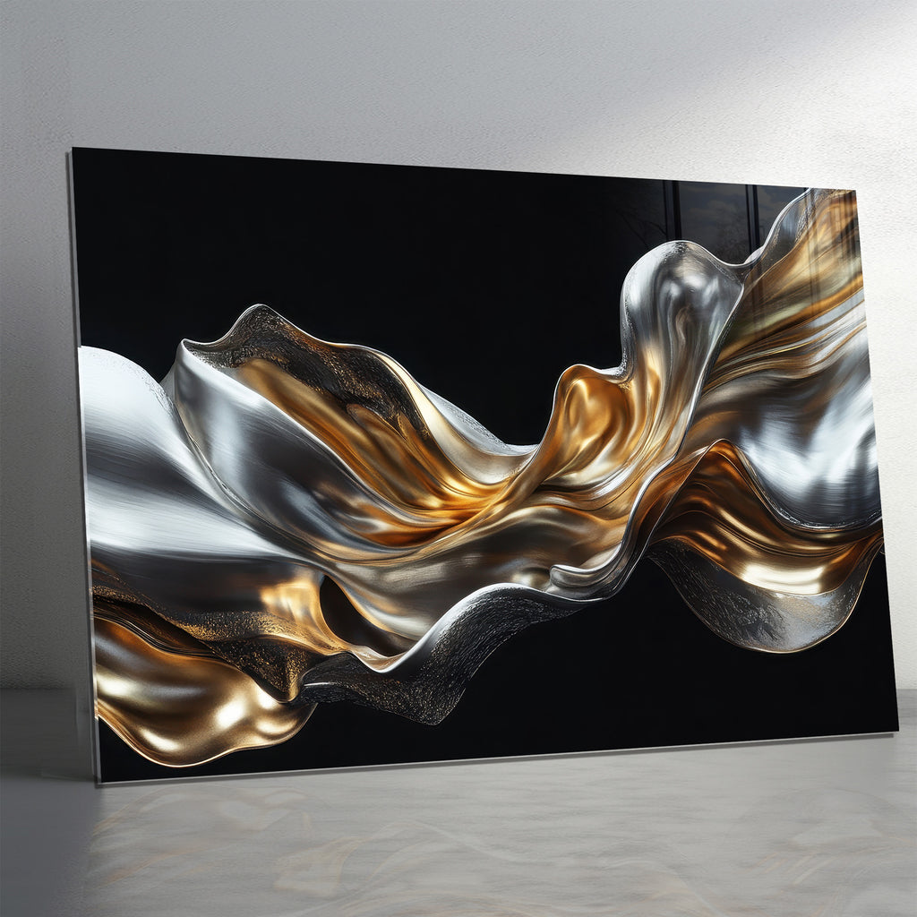 Silver Metallic Abstract Tempered Glass Painting, Modern 3D Wall Decor, Stylish and Luxury Glass Artwork