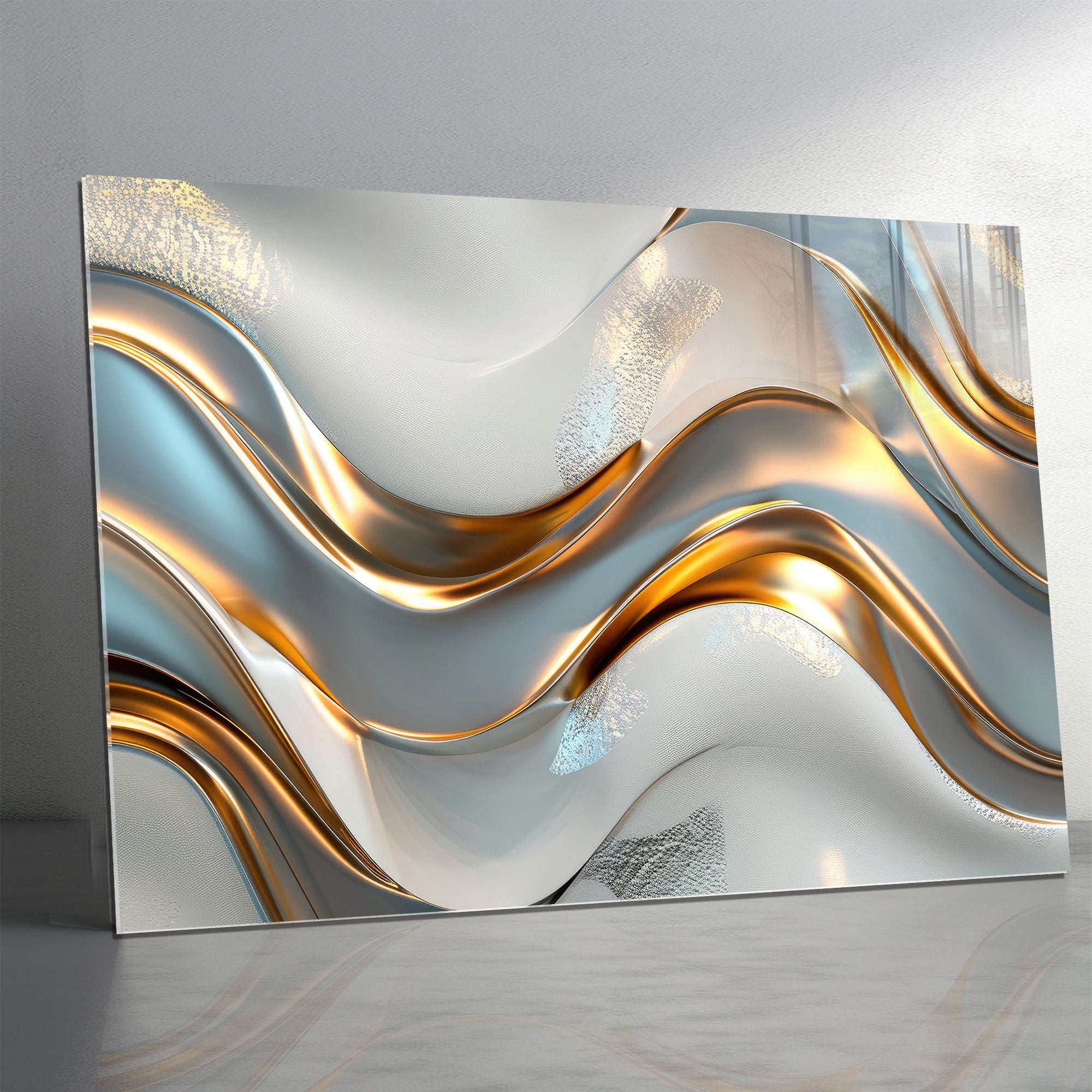 Silver Metallic Abstract Tempered Glass Painting, Modern 3D Wall Decor, Stylish and Luxury Glass Artwork