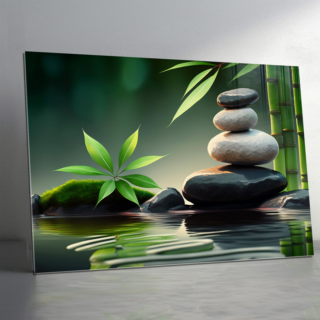 Temperli Cam Duvar Tablosu – Bambu ve Denge Taşları Huzur Temalı Modern Dekor