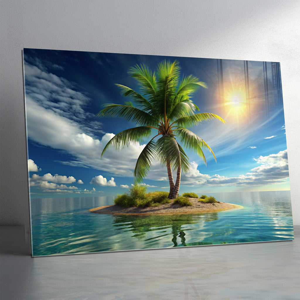 Tropik Ada Manzara Temperli Cam Duvar Tablosu – Modern Deniz ve Palmiye Dekoru