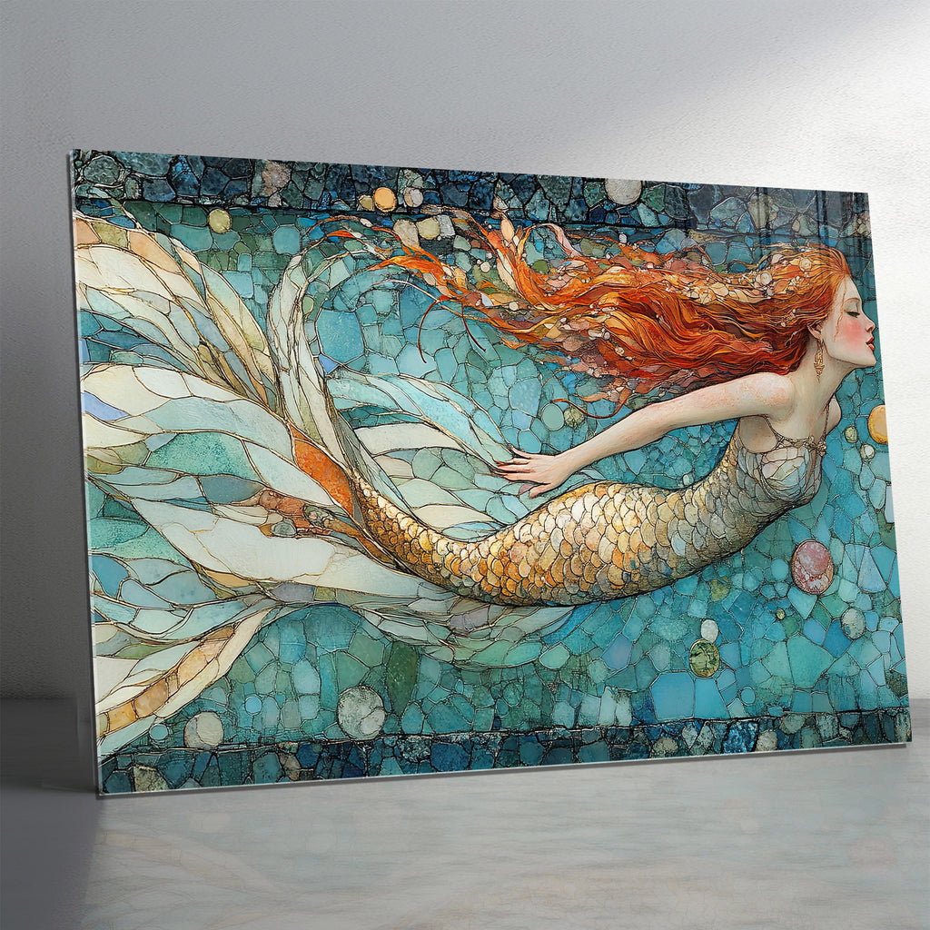 Temperli Cam Deniz Kızı Duvar Tablosu – Vitray Mozaik Sanat Tasarımı, Modern Mitolojik Dekorya)