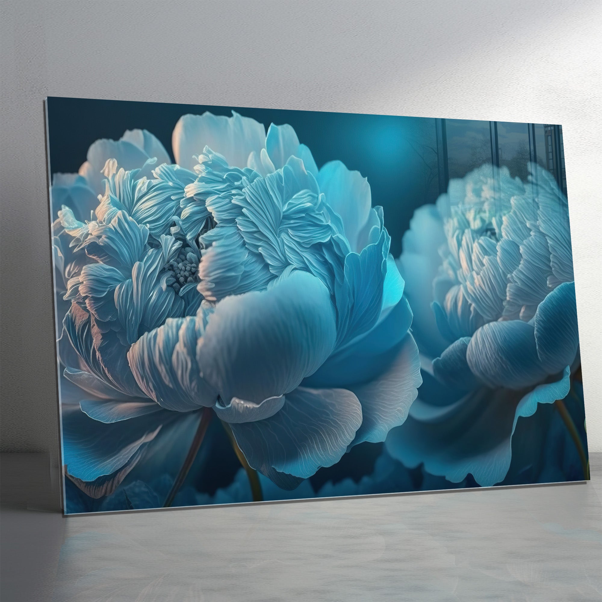 Temperli Cam Duvar Tablosu – Mavi Çiçek Dekor