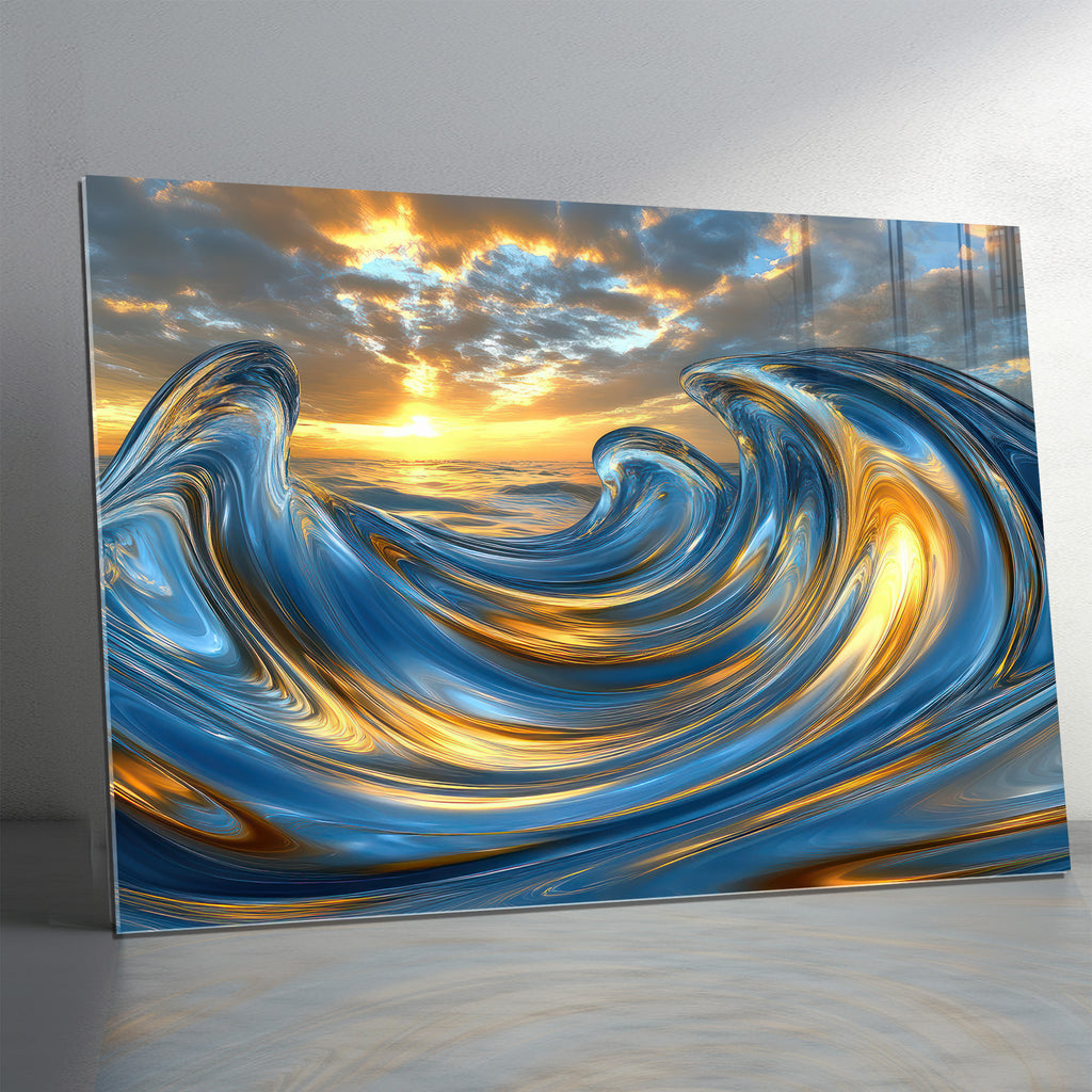 Temperli Cam Duvar Tablosu – Mavi ve Altın Akışkan Dalga Soyut Dekor